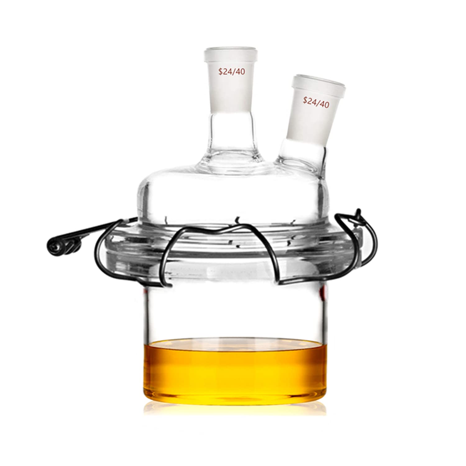24/40 Glass Cylindrical Reactor - 2-Neck Flat Bottom Lab Reaction Vessel with Lid & Clamp for Chemical Synthesis, Distillation & Laboratory Experiments
