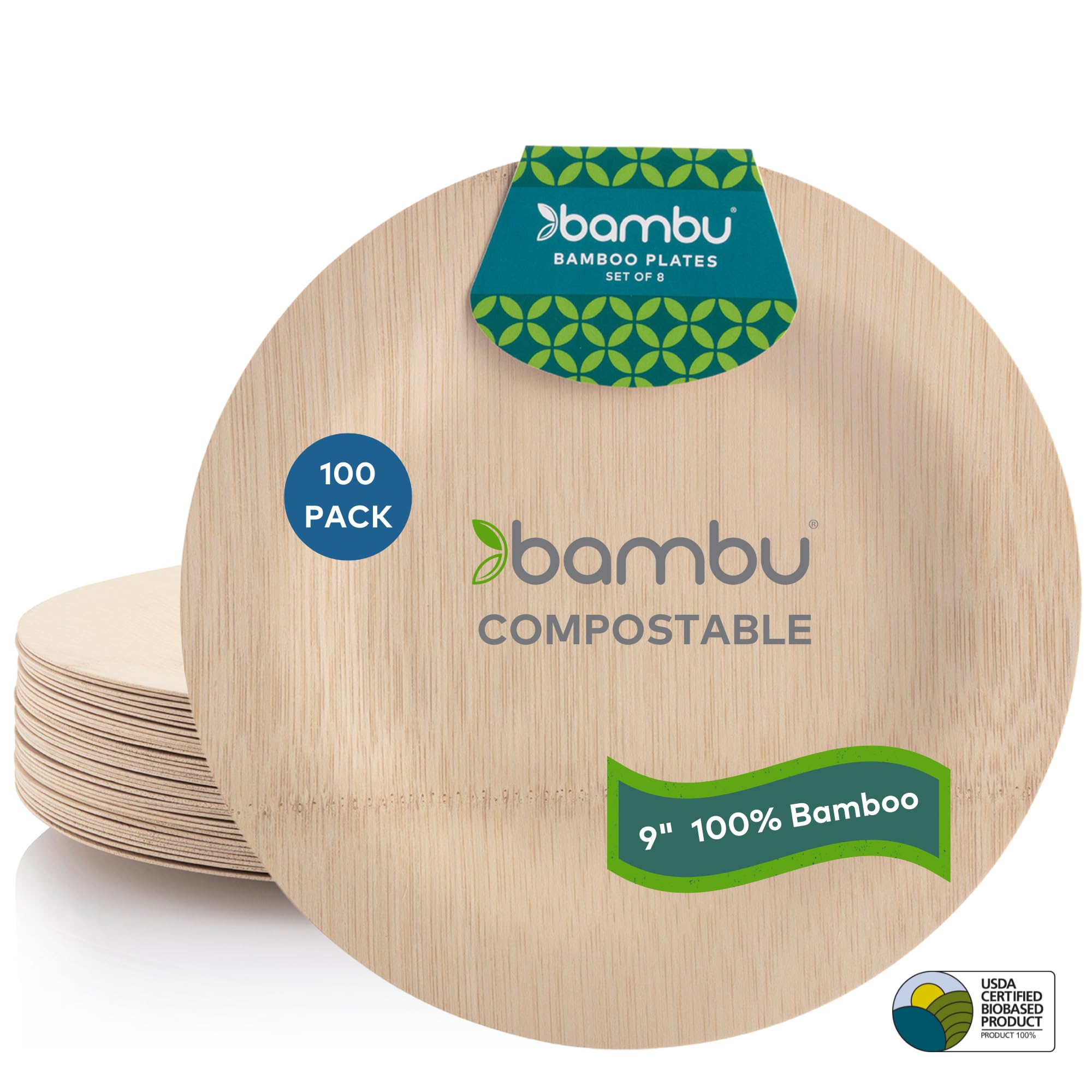 Eco-Friendly 9 Inch Disposable Bamboo Plates - Pack of 100 Biodegradable Round Plates for Parties, Weddings, Picnics & Events | Sustainable Dinnerware for Outdoor Gatherings, BBQ, Birthday Celebrations & Catering Services