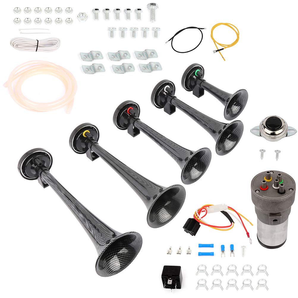 5 Trumpet Electric Air Horn with Compressor - 12V Loud Train Sound for Trucks, Cars, SUVs & Boats - Heavy Duty Vehicle Replacement Horn - Black (Perfect for Emergency Alerts & Off-Road Adventures)