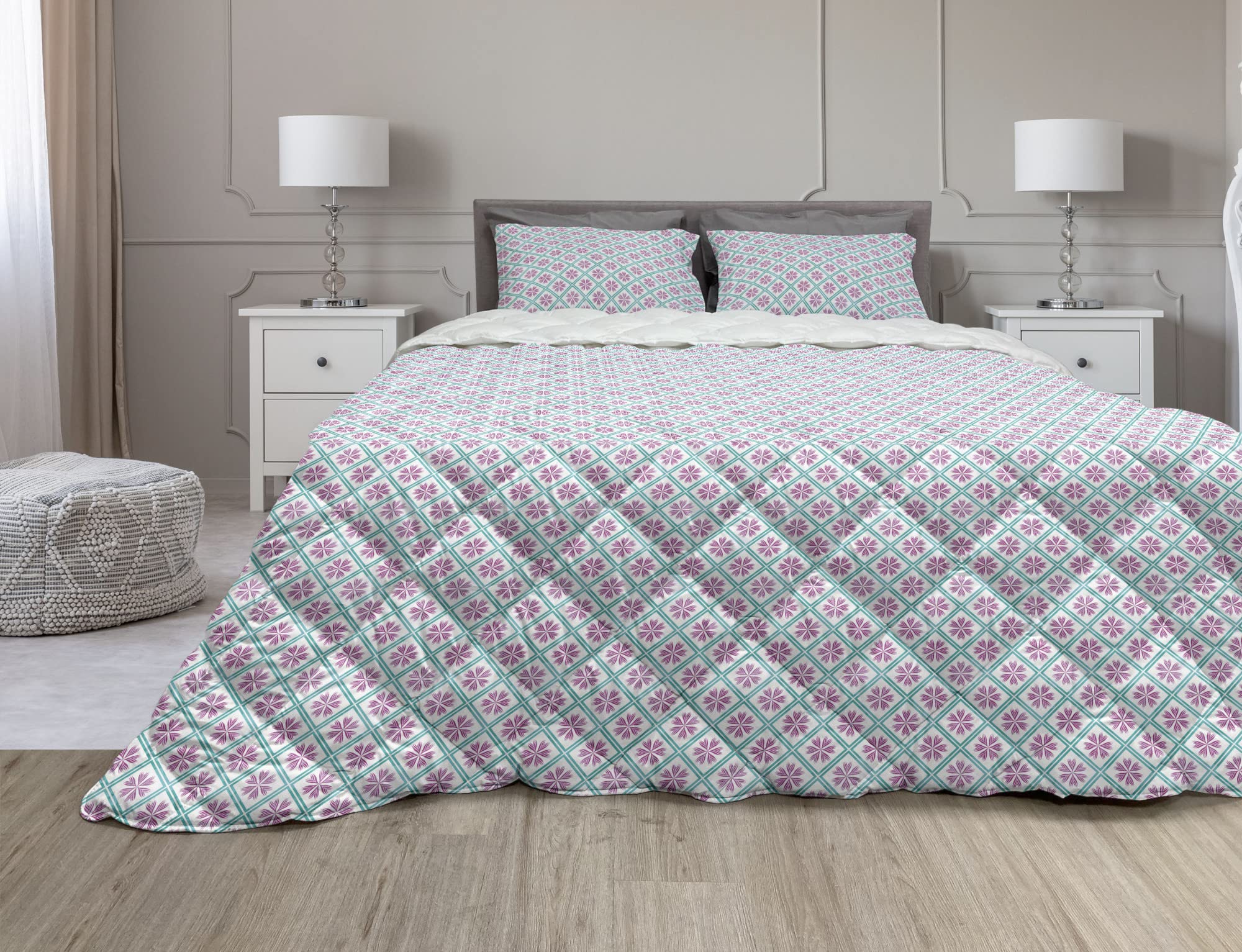 Ambesonne Abstract Comforter & Sham Bedding Set - Floral Square Pattern Microfiber Duvet Cover, Twin Size in Pale Purple & Turquoise | Soft & Breathable for Bedroom Decor, Guest Room, Dorm Essentials