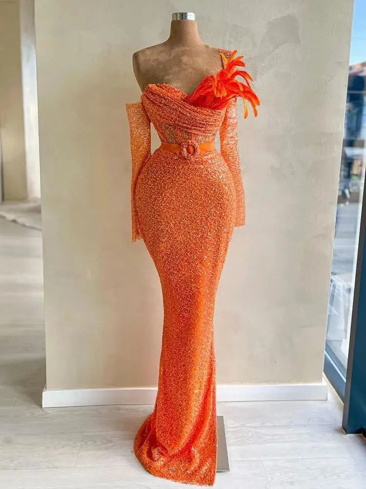 Elegant Orange Mermaid Evening Gown with Beaded Details - Luxury Dubai Wedding Dress for Women - Perfect for 2025 Wedding Parties, Prom Nights & Formal Events - LA72319