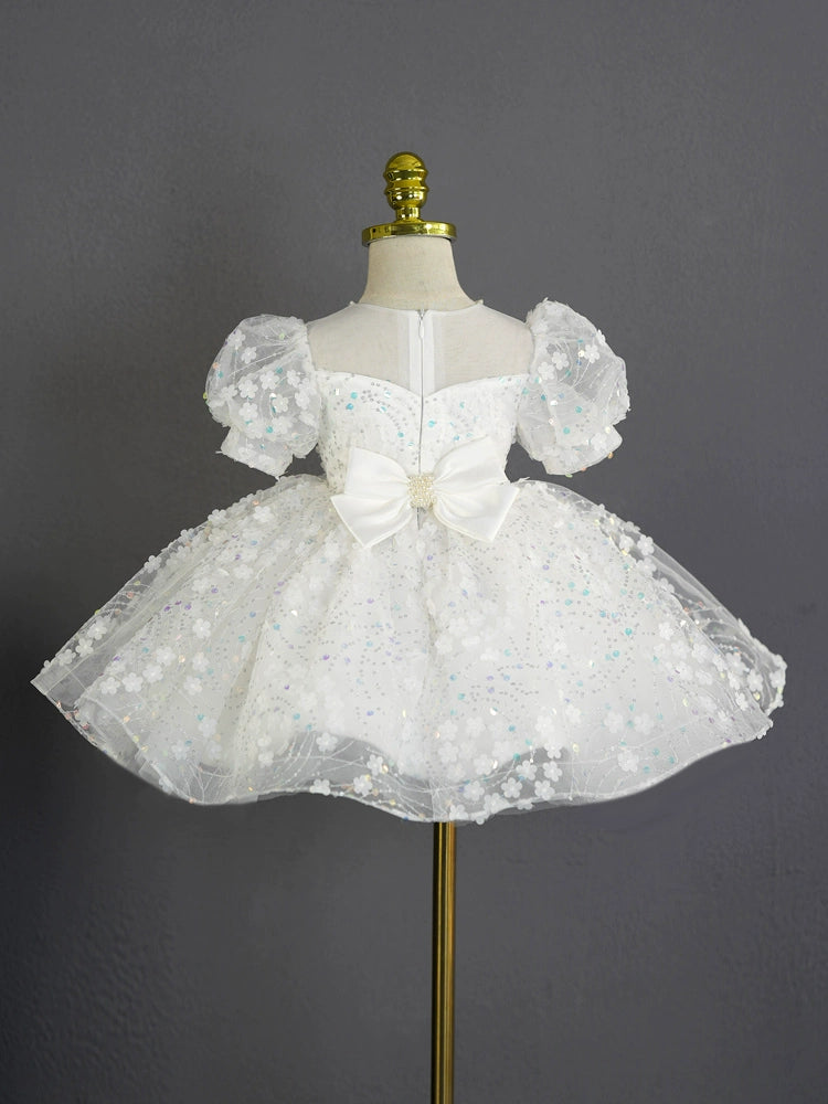 White Princess Sweetheart Tea-Length Tulle Flower Girl Dress for Weddings, First Communion & Special Occasions