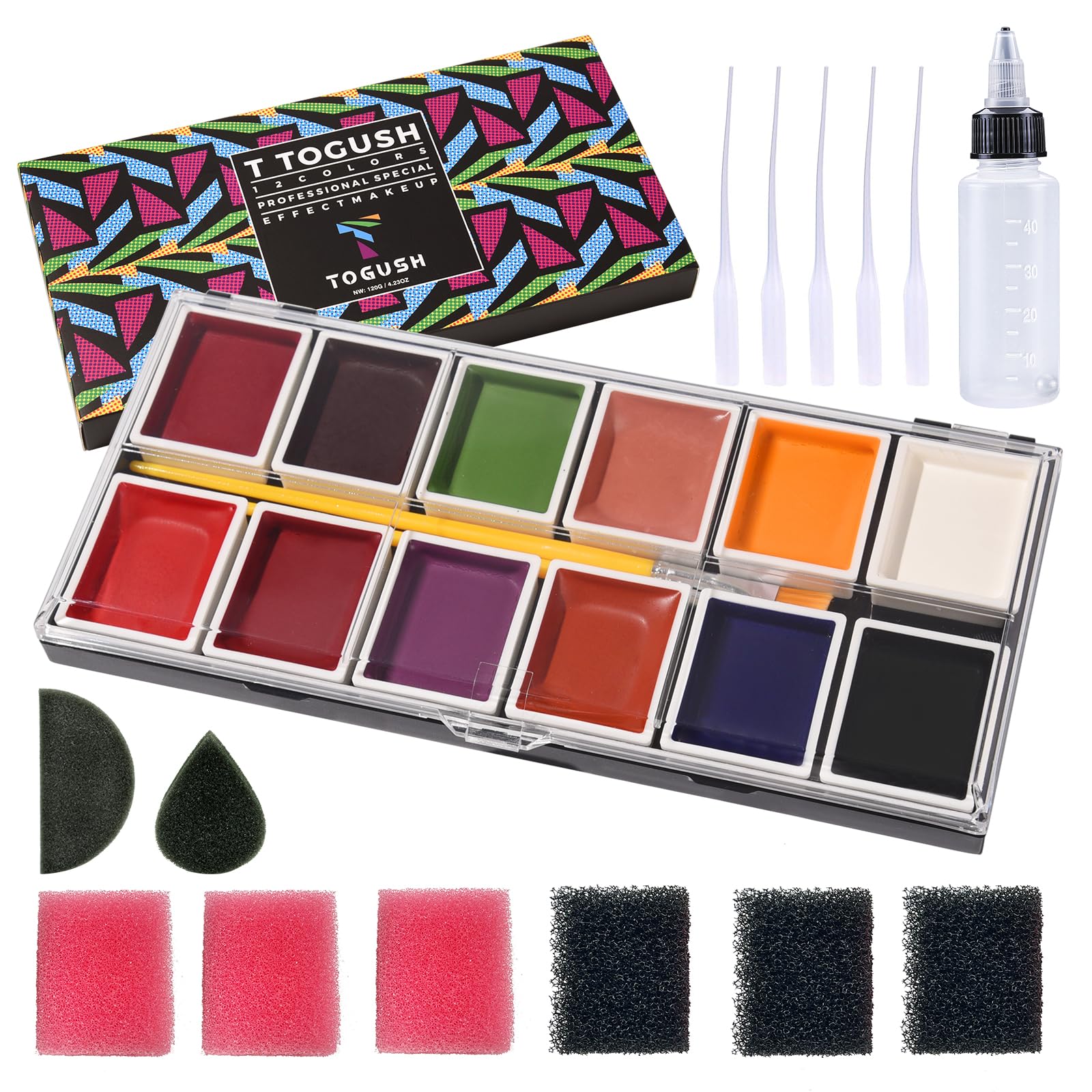 12 Colors Alcohol Activated Makeup Palette Set with Mimic Wound Sponge Egg - Professional SFX Halloween & Theater Makeup Kit for Special Effects, Cosplay and Costume Parties