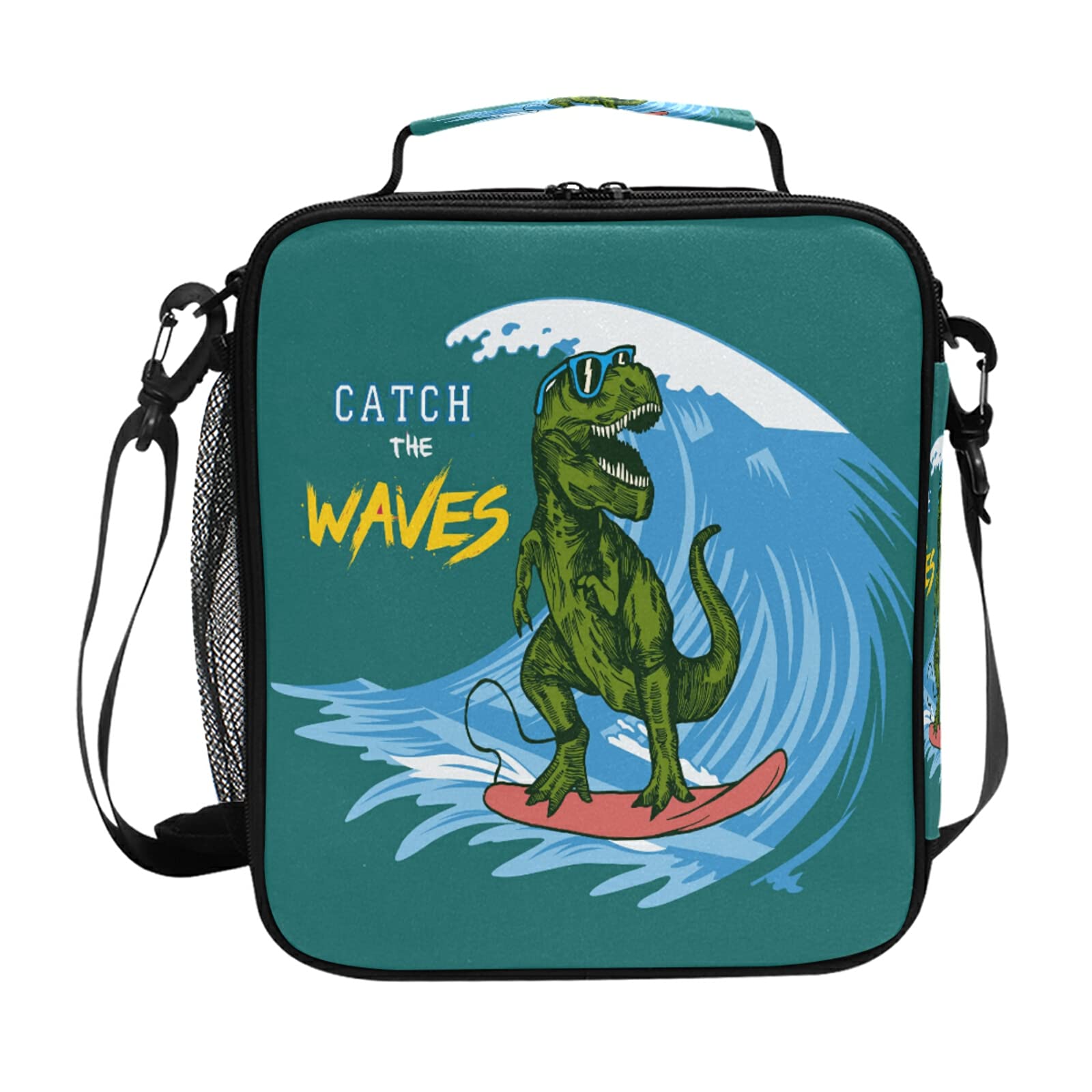 Dinosaur & Ocean Wave Insulated Lunch Box with Handle - Leakproof Square Meal Bag for Work, School, Picnic, Travel & Office - Perfect for Kids, Women, Girls & Boys - Ideal for Daily Lunch, Outdoor Activities & Meal Prep