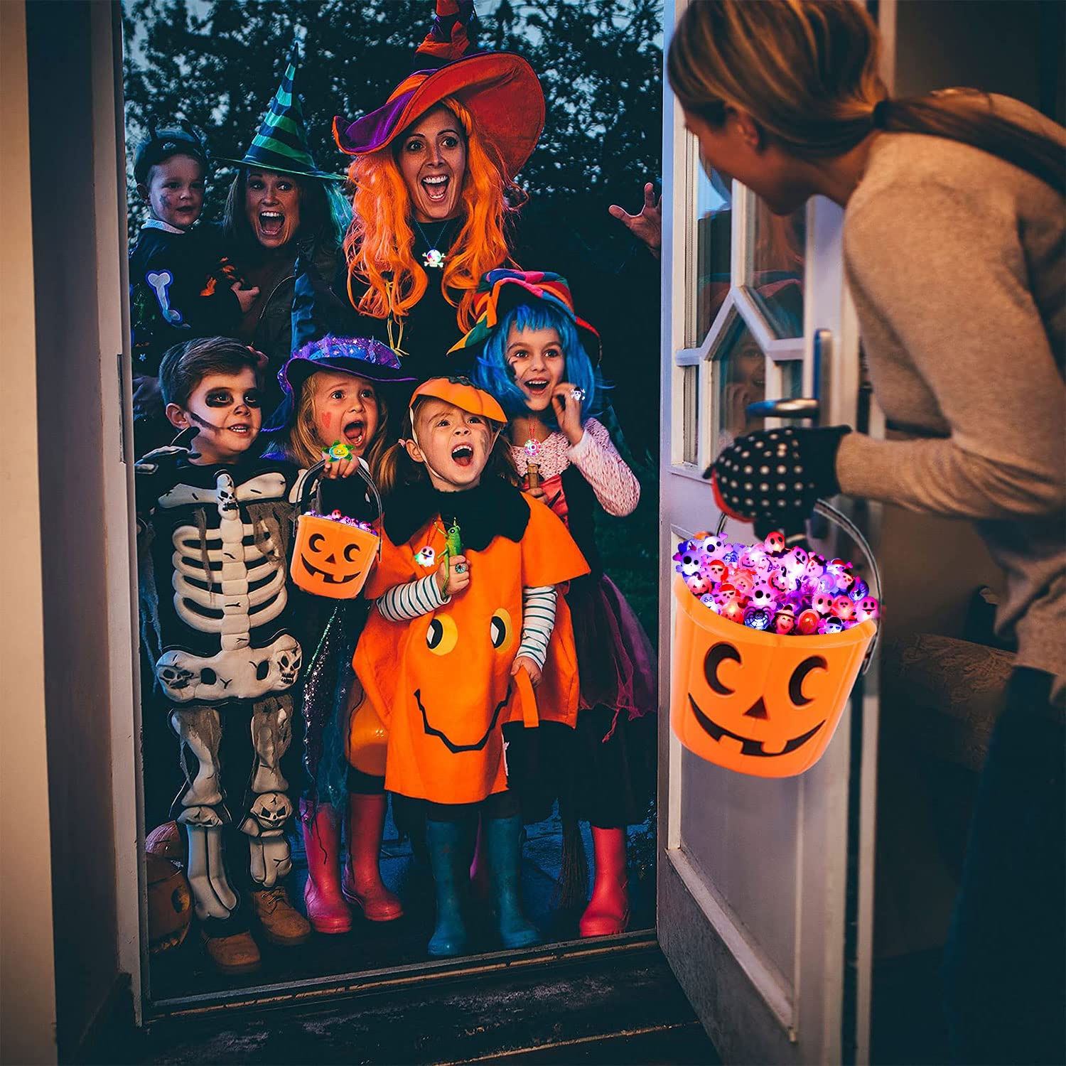 **57 PCS Halloween Party Favors for Kids - LED Flash Rings & Light Up Necklaces, Glow in the Dark Halloween Decorations & Toys, Perfect for Trick-or-Treating, Classroom Treats & Spooky Party Supplies**