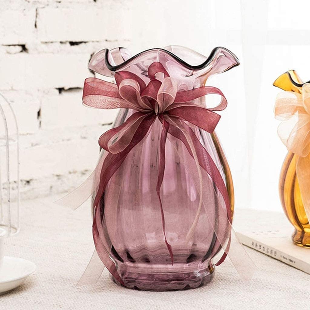Large Transparent Glass Sculpture Vase with Ribbon Lotus Leaf Design - 16x13x30cm Home Decor for Living Room, Lily Flower Arrangement, Wedding Centerpiece & Modern Interior Decoration
