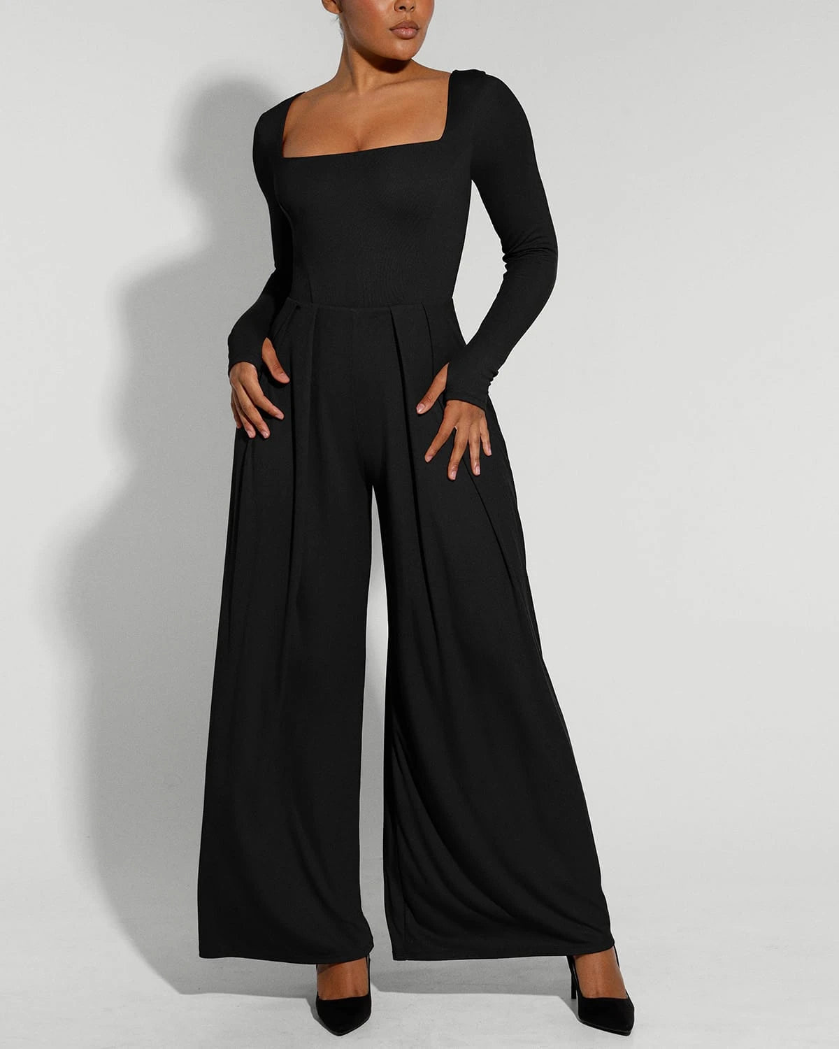 Square Neckline Slimming Jumpsuit for Women - Tummy Control Bodysuit with Built-in Shapewear - Perfect for Parties, Date Nights & Special Occasions