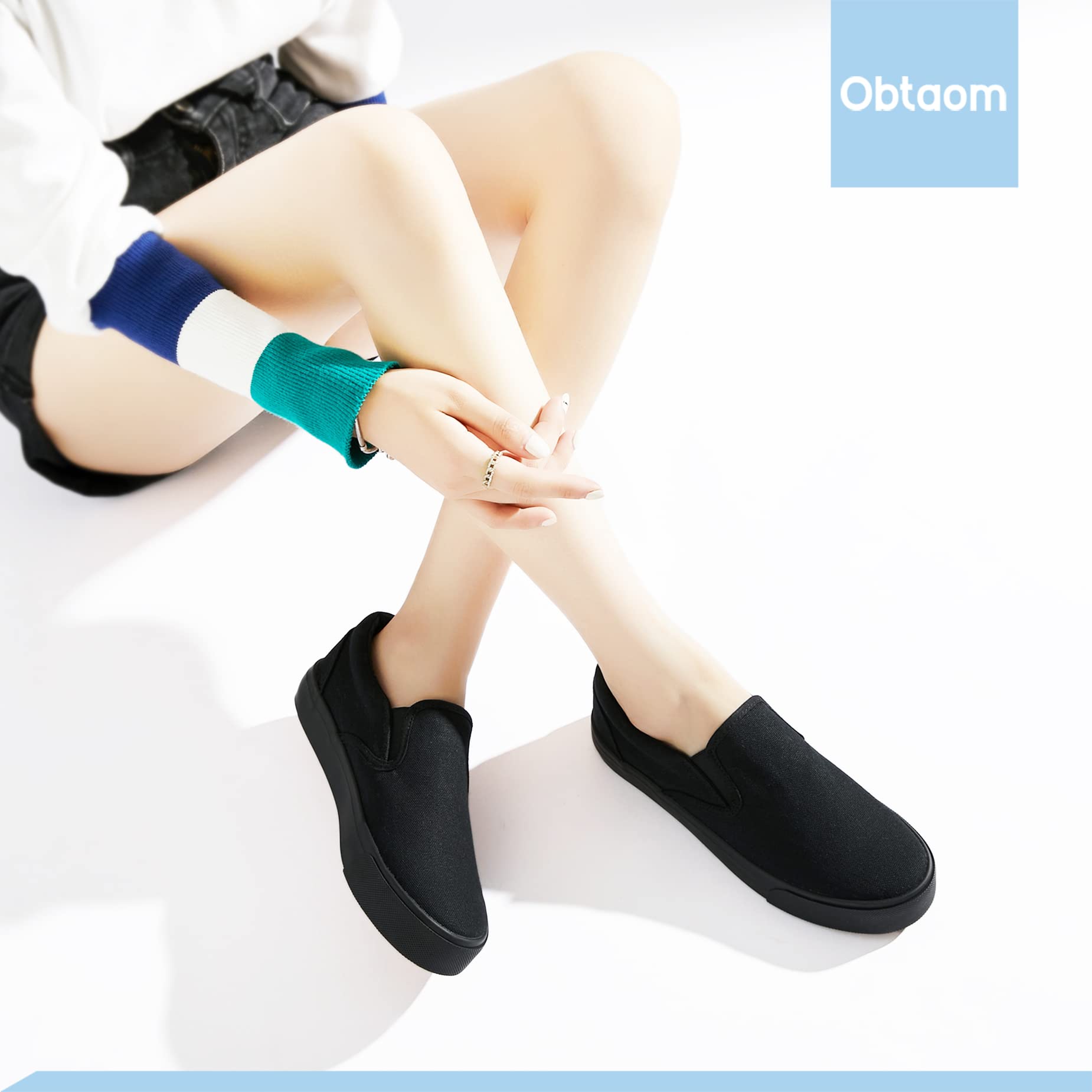 Obtaom Women's White Sneakers - Black Slip On Canvas Loafers for Women | Comfortable Low Top Casual Shoes for Walking, Work & Everyday Wear
