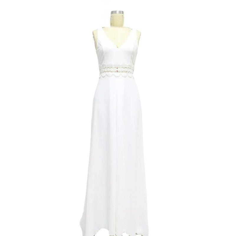 Women's Elegant Sleeveless V-Neck Lace Long Jumpsuit - Slim Fit Casual Summer Dress - Korean Fashion White Romper for Beach, Party & Vacation Outfits
