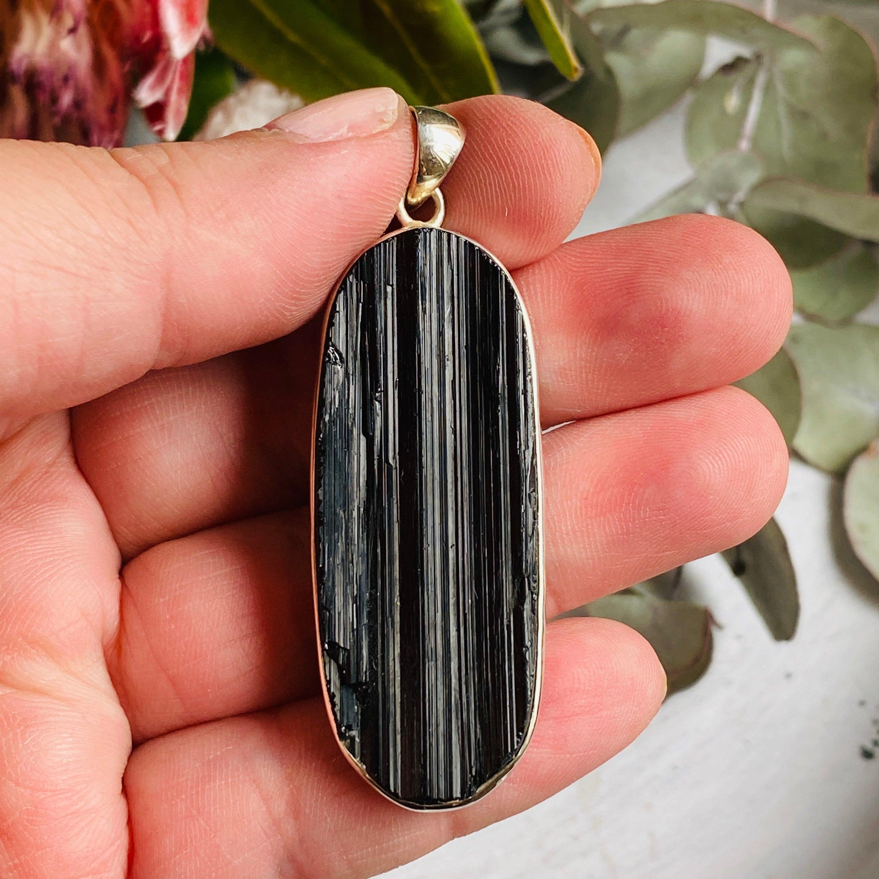 Natural Black Tourmaline Raw Oval Pendant Necklace KPGJ2551 - Protection Crystal Jewelry for Meditation & Energy Healing