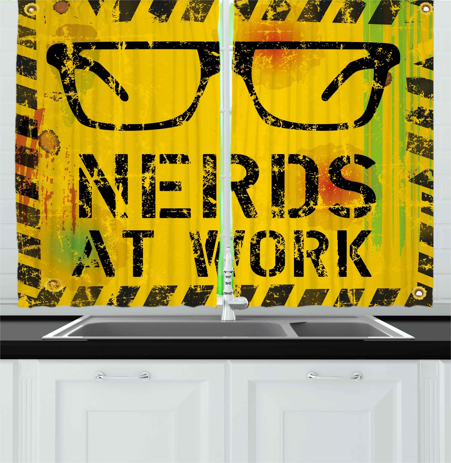 Ambesonne Retro Long Kitchen Curtains - Nerds at Work Grunge Fictional Sign Glasses Hazard Stripes Work Hard Theme - 2 Panel Drapes with Rod Pocket - 55 x 45 Inches - Yellow Black Green - Perfect for Office, Study Room & Geek-Themed Home Decor
