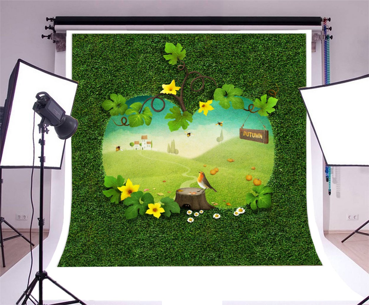 Laeacco 5x5ft Autumn Cartoon Vinyl Photography Backdrop - Tree House with Leaves, Yellow Flowers, Birds & Grass - Perfect for Children, Baby & Adult Portraits, Birthday Parties & Family Photo Shoots