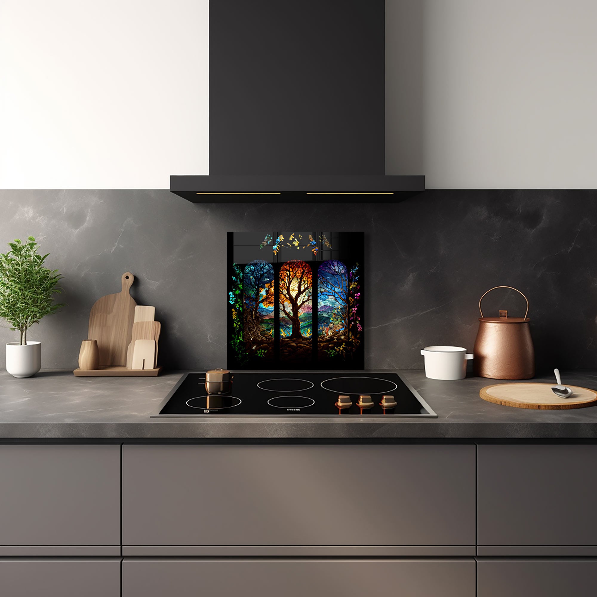 Seasons of Tree Glass Splashback - Modern Kitchen Backsplash Panel - Heat & Stain Resistant Tempered Glass - Perfect for Home Renovation & Kitchen Remodeling