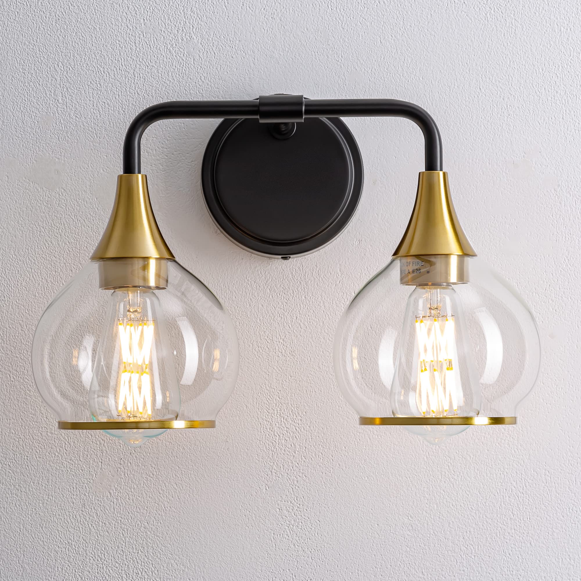 Black and Gold Bathroom Vanity Light Fixture - 2-Light Wall Sconce with Clear Glass Shade, 14 Inch Modern Bathroom Lighting (Bulb Not Included) - Perfect for Bathroom, Powder Room, and Dressing Room Makeup Lighting