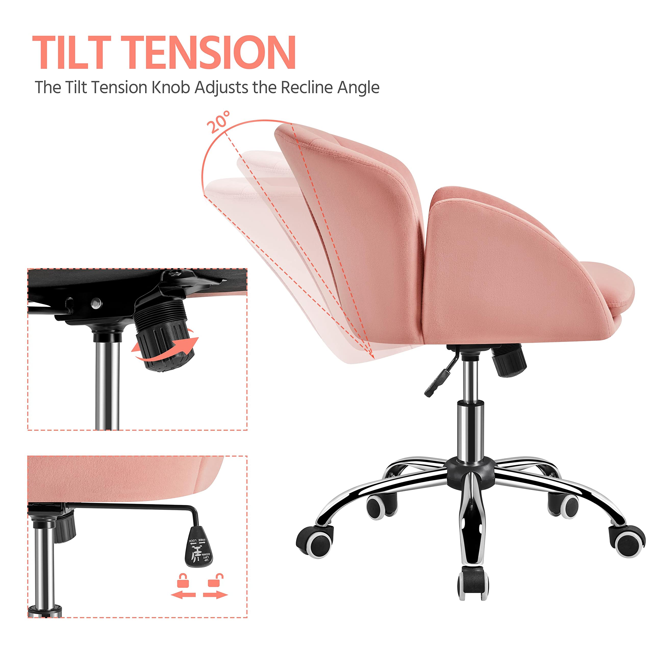 Yaheetech Pink Velvet Desk Chair - Modern Swivel Rolling Office Chair with Comfy Cushion for Home, Bedroom, Makeup Vanity | Perfect for Working, Studying, Gaming & Beauty Routine