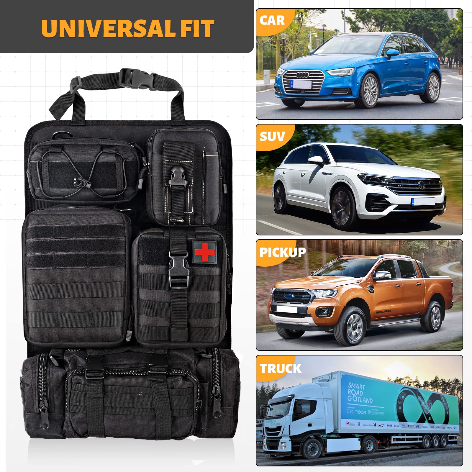 MAIKER Tactical Car Seat Back Organizer - 5 Detachable MOLLE Pouch Vehicle Organizer with Storage Pockets, Universal Fit for SUV, Truck & Jeep (Black) - Perfect for Road Trips, Camping & Outdoor Adventures