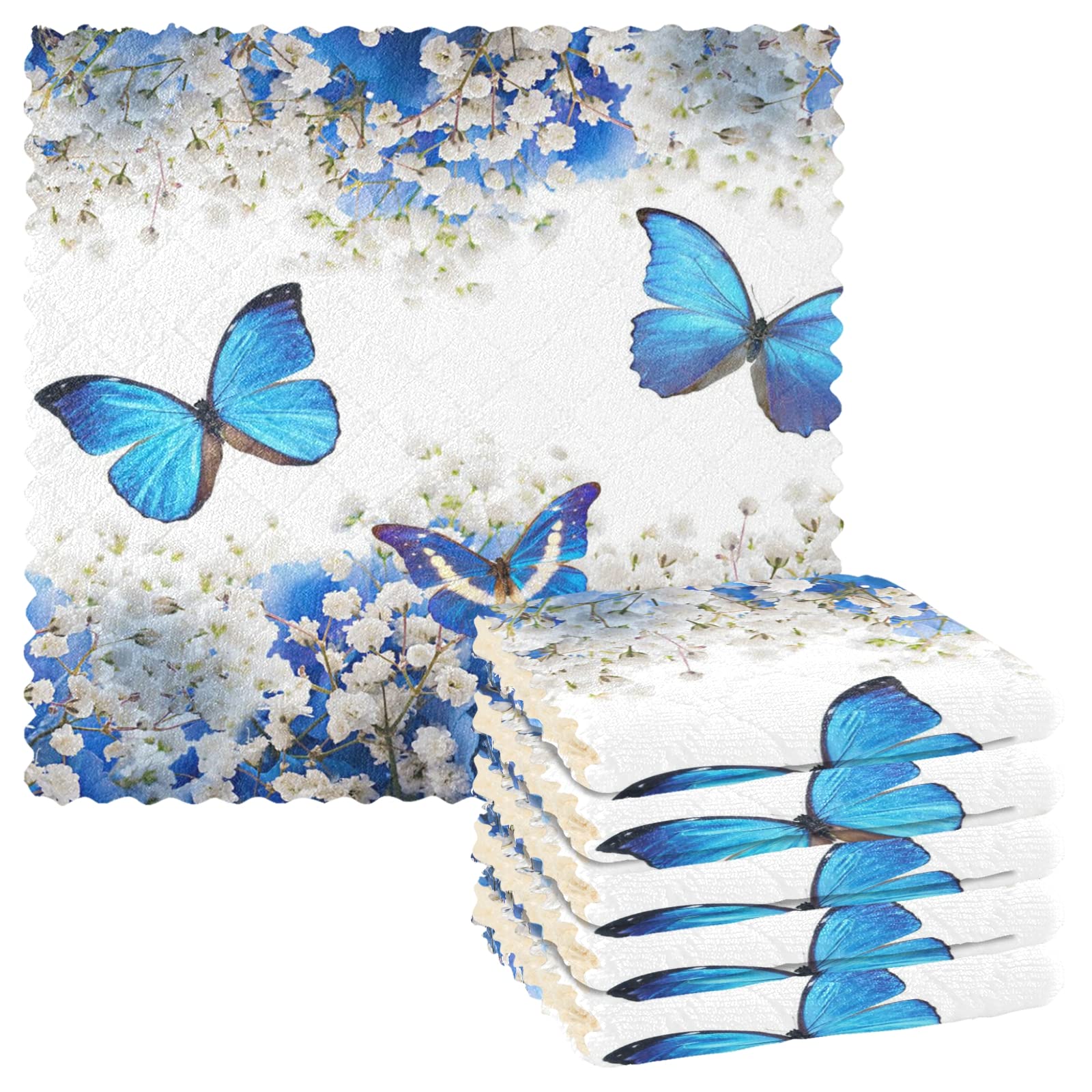 ALAZA Absorbent Dish Towels Set of 6 - Blue Butterfly Kitchen Cloths for Cleaning & Drying