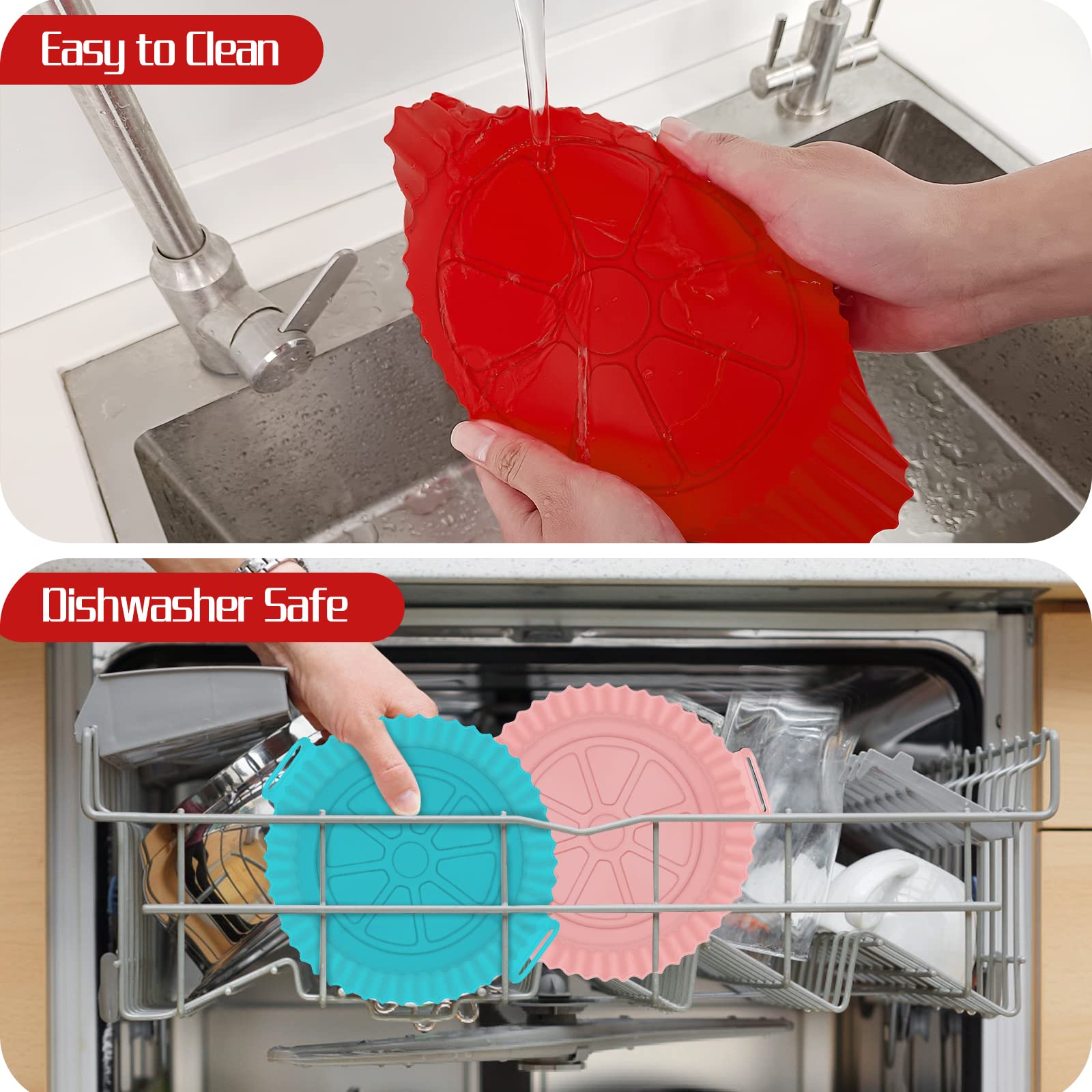 2 Pack 8 Inch Reusable Silicone Air Fryer Liners - Non-Stick Round Basket for 3.5-7 QT Air Fryers, Ovens & Microwaves (Black+Red) - Perfect for Baking, Roasting & Reheating Food Without Mess
