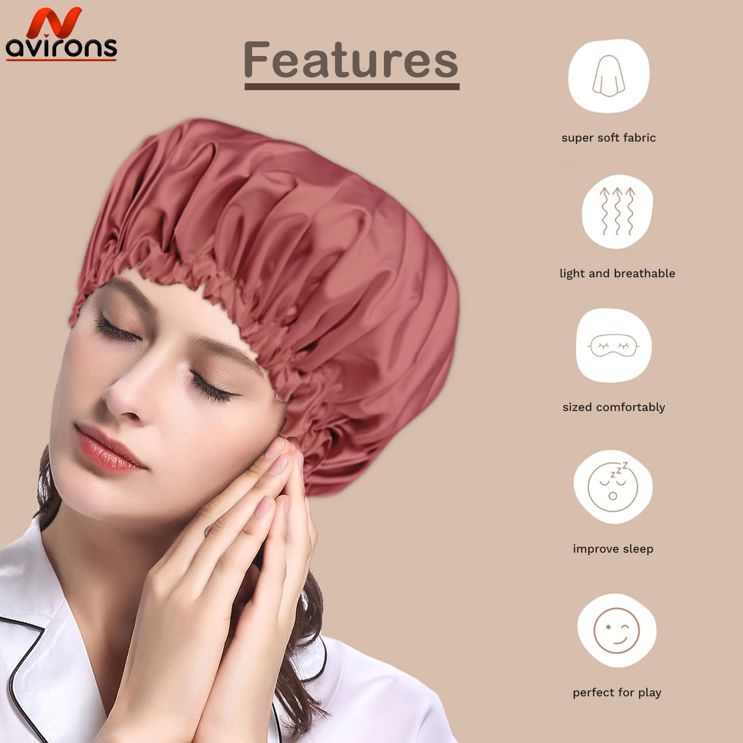 Avirons Adjustable Satin Silk Hair Bonnet for Sleeping - 3 Scrunchies Included | Soft Satin Hair Wrap Cap for Curly & Natural Hair | Pure Satin Hair Protection for Nighttime & Travel Use