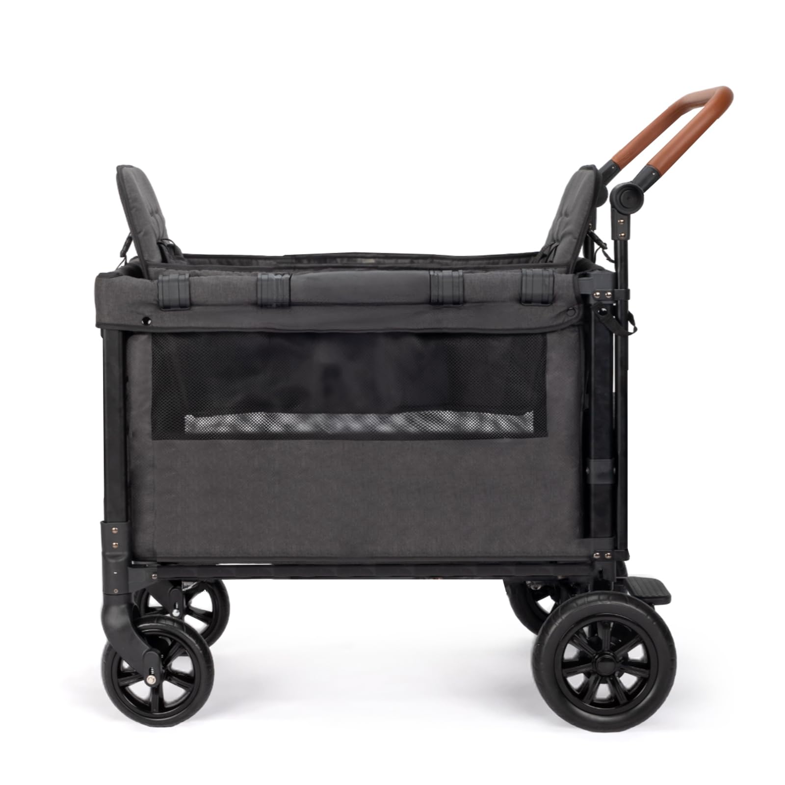 Double Stroller Wagon for Kids - Foldable Baby Wagon with Adjustable Handle, Canopy, Storage Organizer & 5-Point Safety Harness (Dark Gray) - Perfect for Beach Outings, Park Walks & Family Travel