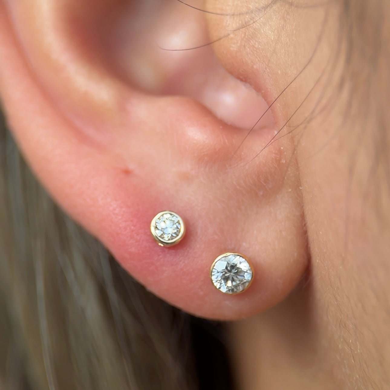 14K Yellow Gold Round Diamond Flat Back Stud Earrings - Bezel Set for Secure Wear | Perfect for Daily Use, Gifts & Special Occasions
