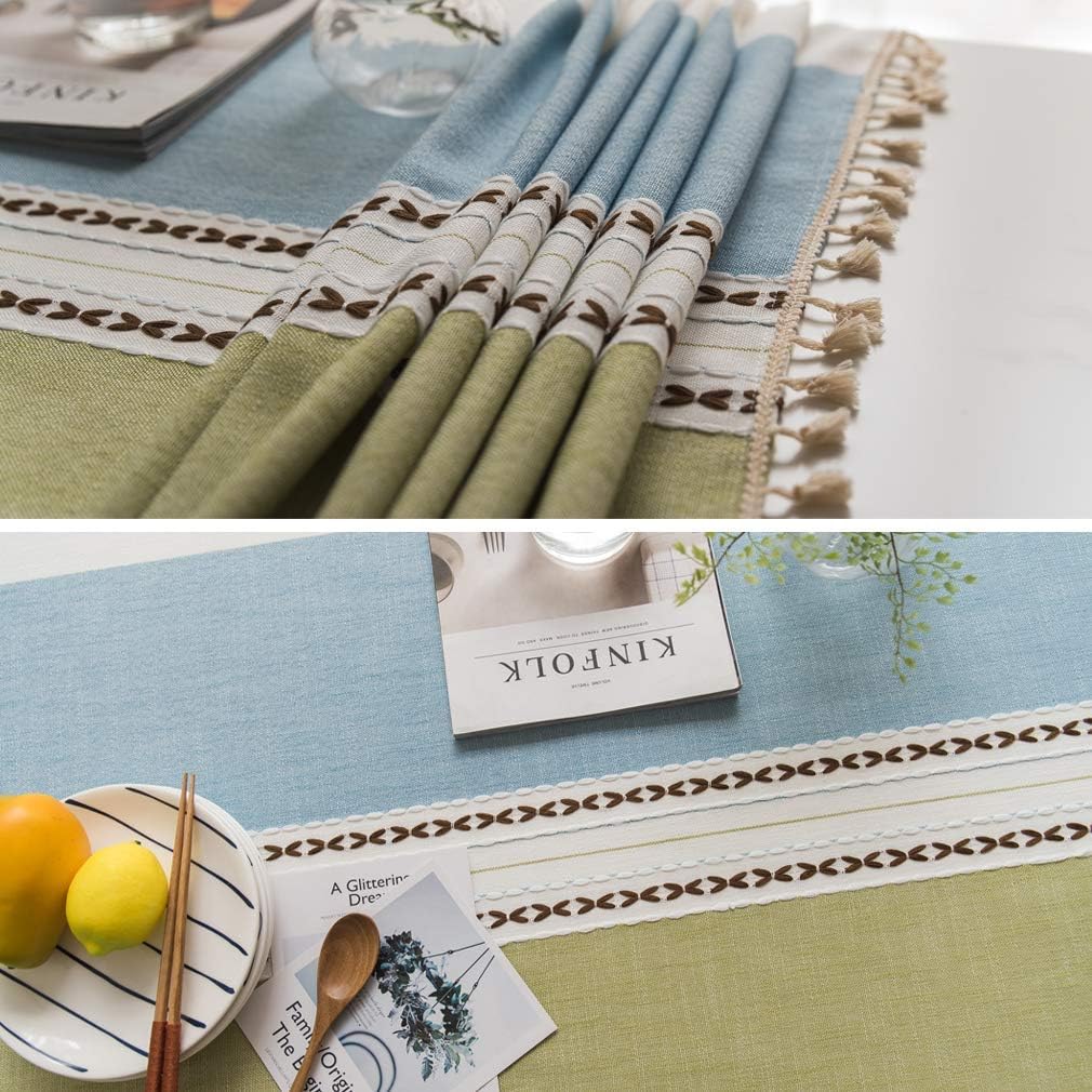 Rustic Cotton Linen Tablecloth with Tassels - Wrinkle Free Holiday Dining Table Cover for Rectangle/Oblong Tables (55 x 71 Inch, Light Blue Green) - Perfect for Thanksgiving, Christmas Dinner & Farmhouse Decor