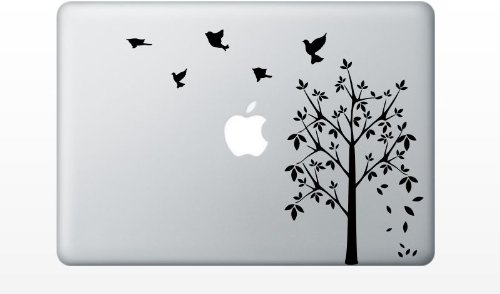 Funny Cute Birds Flying & Leaves Falling Decal Sticker for Apple MacBook Pro & Air 13/15/17 Inch Laptops - Black Vinyl Laptop Skin - Perfect for Office, School & Travel