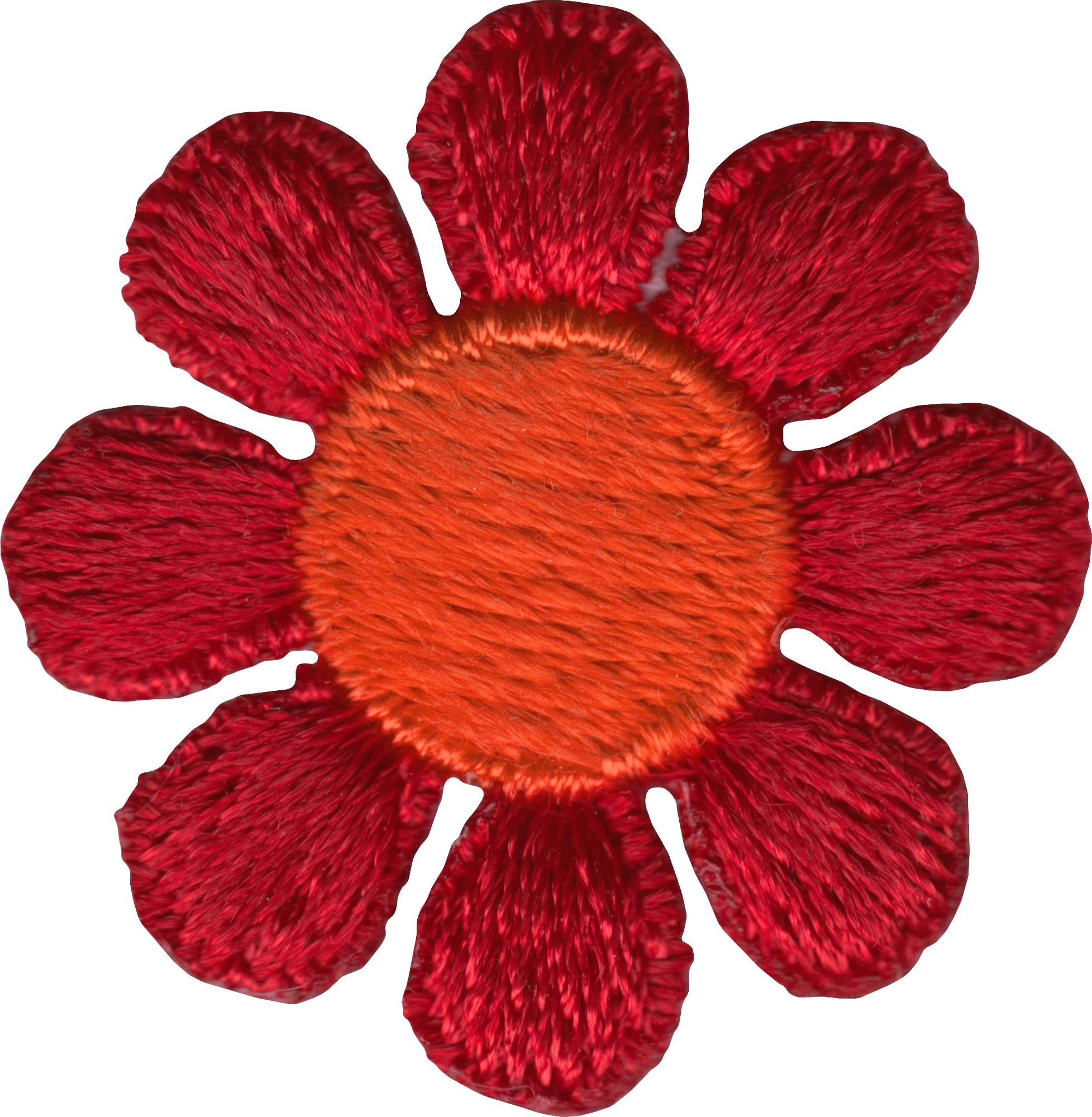 Red Daisy Flower with Orange Center Embroidered Iron-On Patch - DIY Sewing Applique for Jackets, Hats & Bags - Perfect for Clothing Customization & Craft Projects