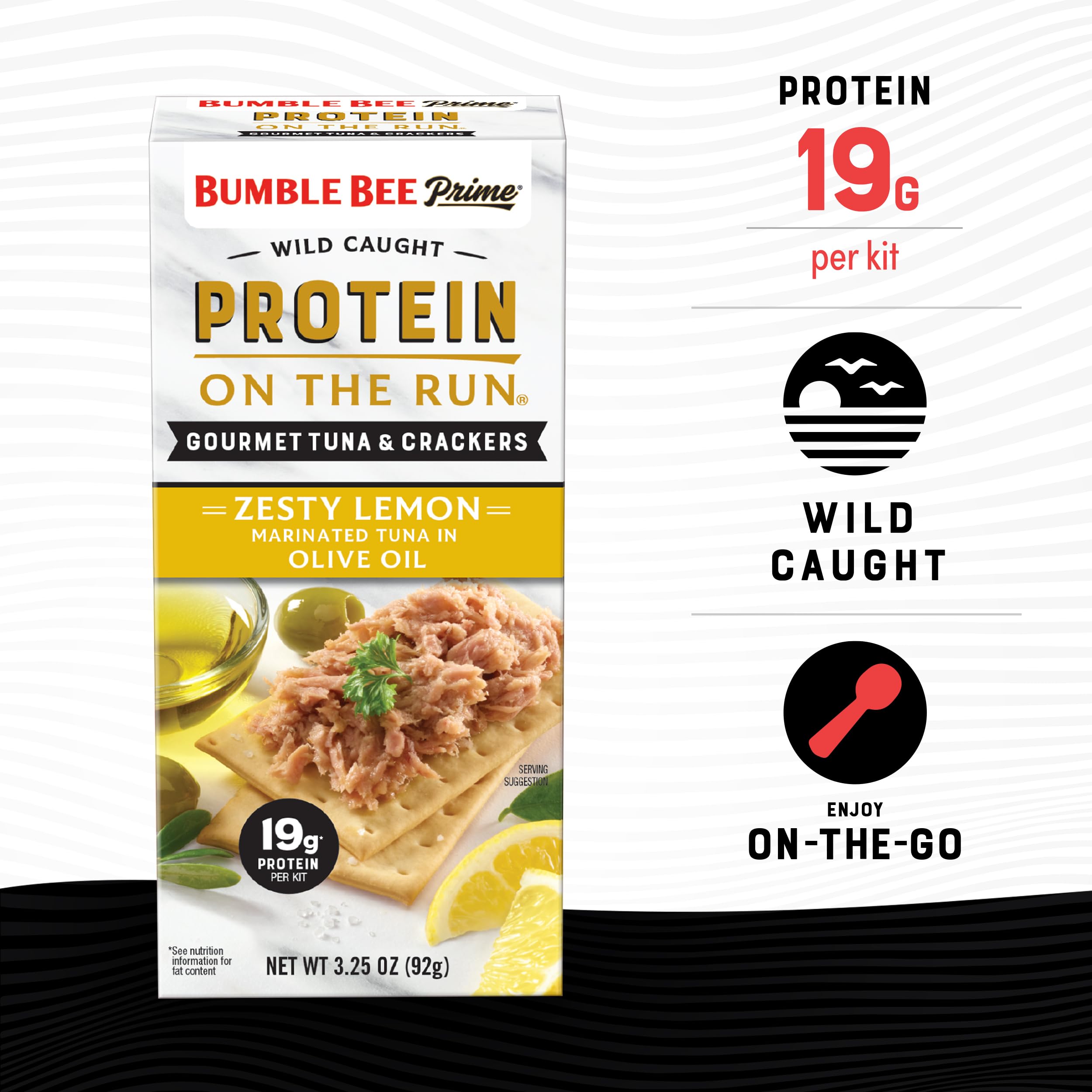 Bumble Bee Prime Protein Tuna Snack Kit - 12 Pack | Gourmet Olive Oil & Lemon Marinated Tuna with Crackers & Utensil | 19g Protein per Serving | Perfect for Office Lunch, Hiking & On-the-Go Snacking