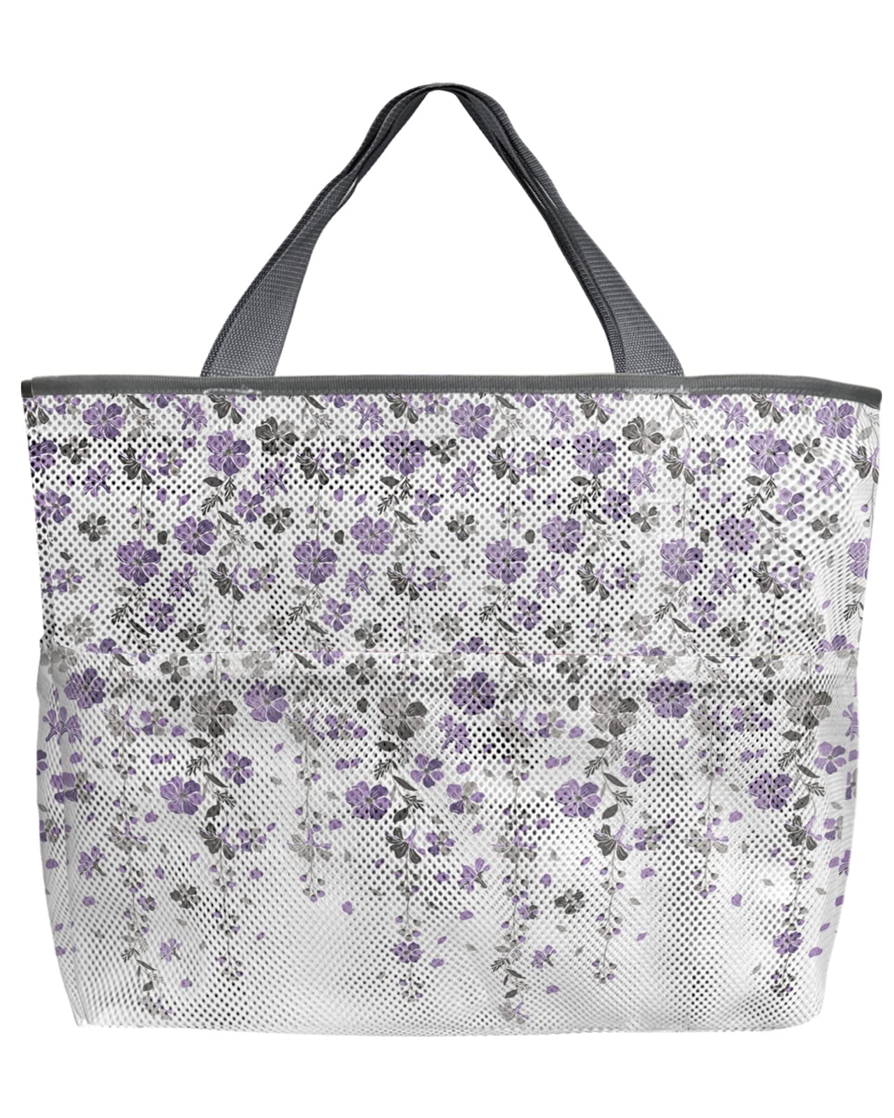 Floral Mesh Beach Tote Bag - 60L Oversized Quick-Dry Swim Bag with Pockets | Purple Gray Spring Flowers Design | Foldable Lightweight for Pool, Beach, Grocery Shopping & Travel | 24