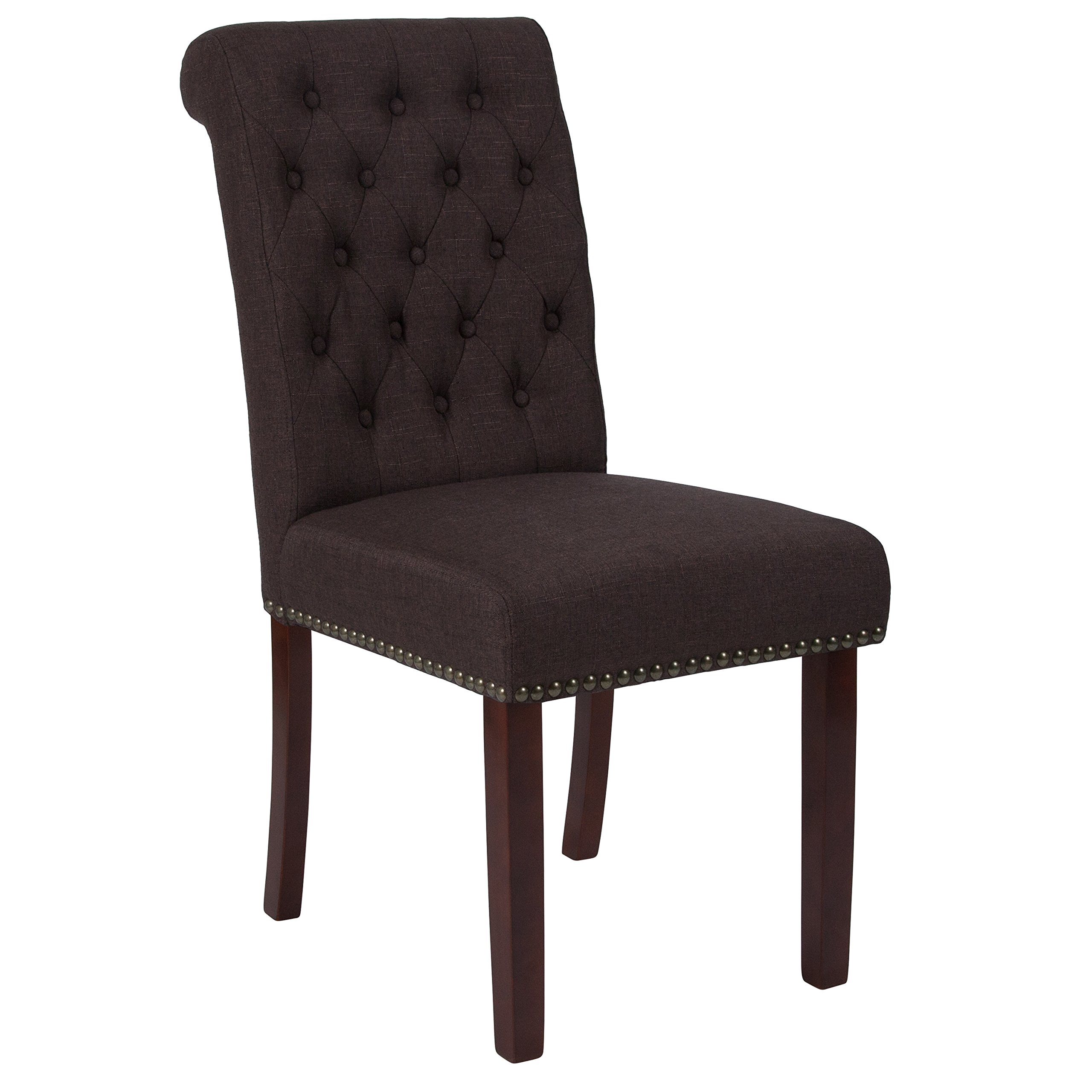 EMMA + OLIVER Brown Fabric Parsons Chair with Rolled Back & Nail Trim - Modern Dining Room Accent Chair for Kitchen, Office, and Living Room Decor