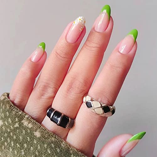 24Pcs Cute Oval Fake Nails - Glossy Short Press on Nails with Almond Green French Tips & Ombre Design | Full Cover Artificial Nails for Women & Girls | Perfect for Parties, Weddings, Date Nights & Everyday Wear (Style A)