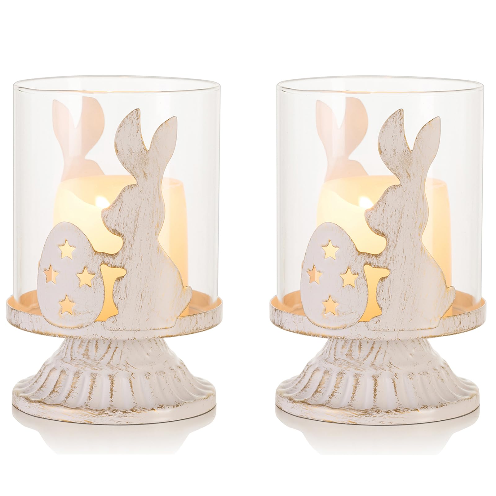Distressed White Bunny Pillar Candle Holders for Easter Decor - Rabbit Tealight Candle Holders for Table Centerpieces, Family Party Events & Spring Home Decor | Perfect for Easter Gifts, Wedding Decorations and Holiday Table Settings