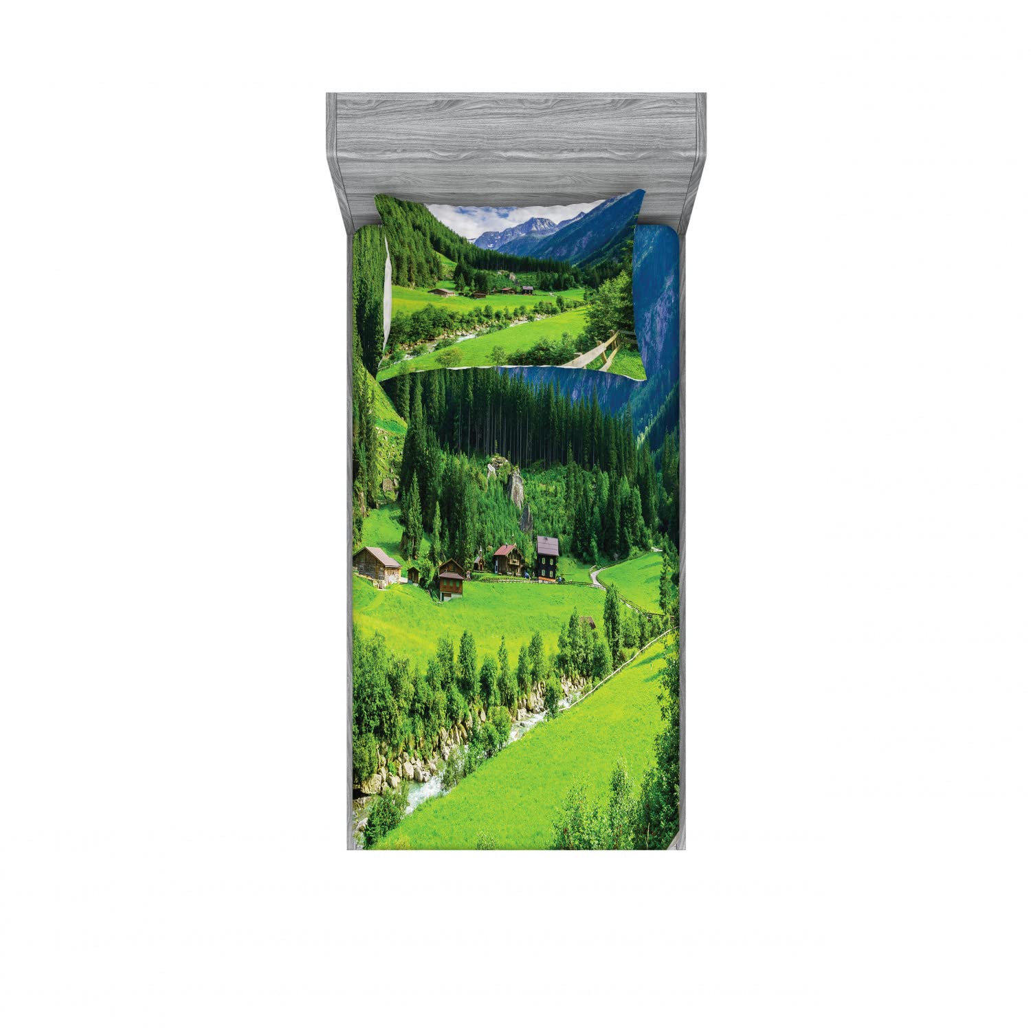 Ambesonne 2-Pack Twin Fitted Sheets & Pillow Sham Set - Alpine Scenery Pastoral Design, Green & White 4-Piece Bedding Set for Cozy Cabin Retreats & Nature-Inspired Bedroom Decor