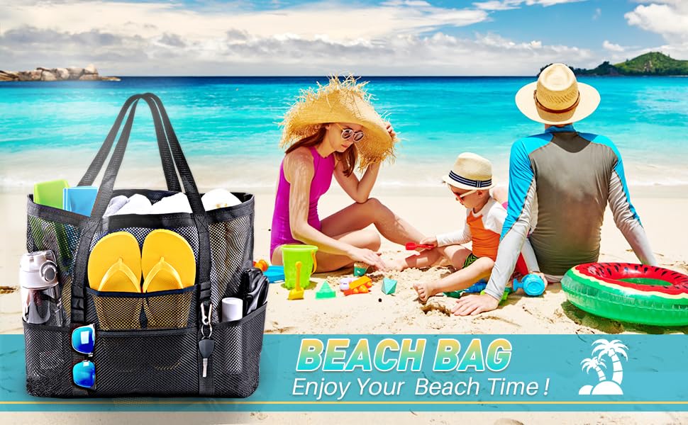 HirTa Gab Mesh Tote Hobo Beach Bag for Women - Sandproof, Durable with Multiple Pockets - Stylish Shopping & Pool Bag for Swimming, Travel & Daily Use - Mesh Black - Perfect for Beach Outings, Gym Visits and Summer Vacations
