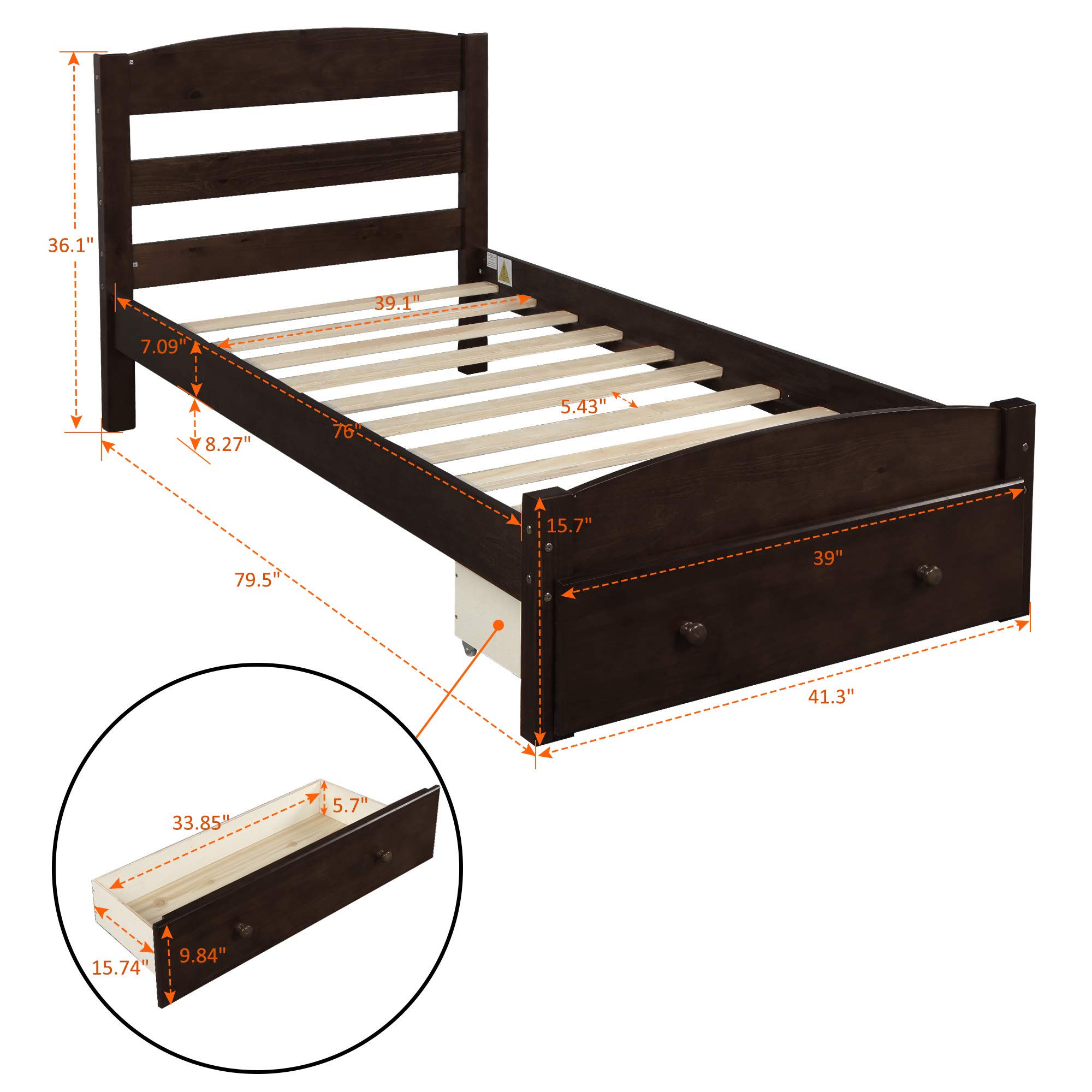 Polibi Twin Size Wooden Platform Bed Frame with Storage Drawer & Wood Slat Support - No Box Spring Needed, Espresso Finish - Perfect for Small Bedrooms, Guest Rooms & Kids' Rooms