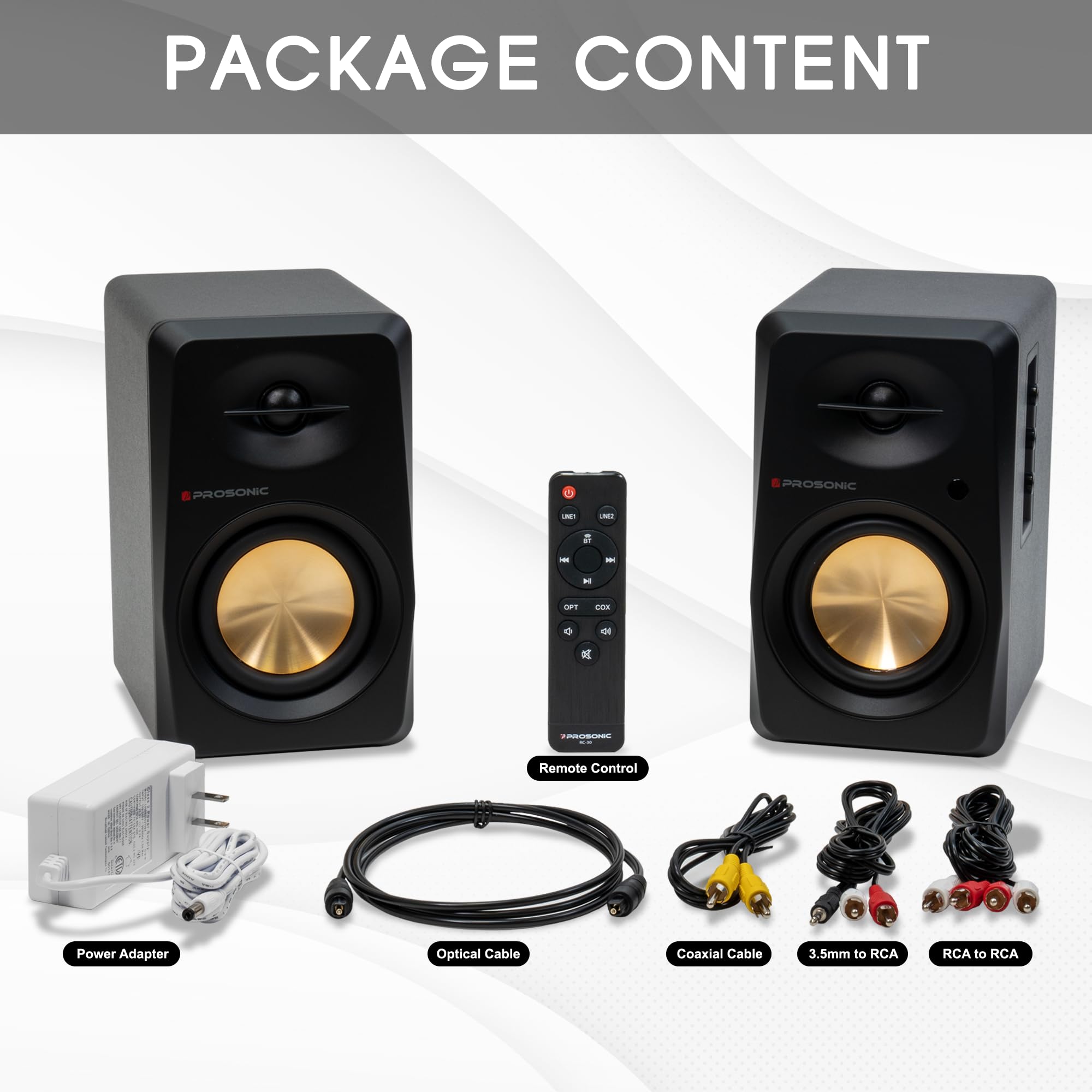 Prosonic BT30 (2023 Version) 80W Powered Bluetooth Bookshelf Speakers - Studio Monitor & Home Theater Sound System with Optical/Coaxial/RCA Inputs - Perfect for Vinyl Turntables, Gaming & Movie Nights (Black)