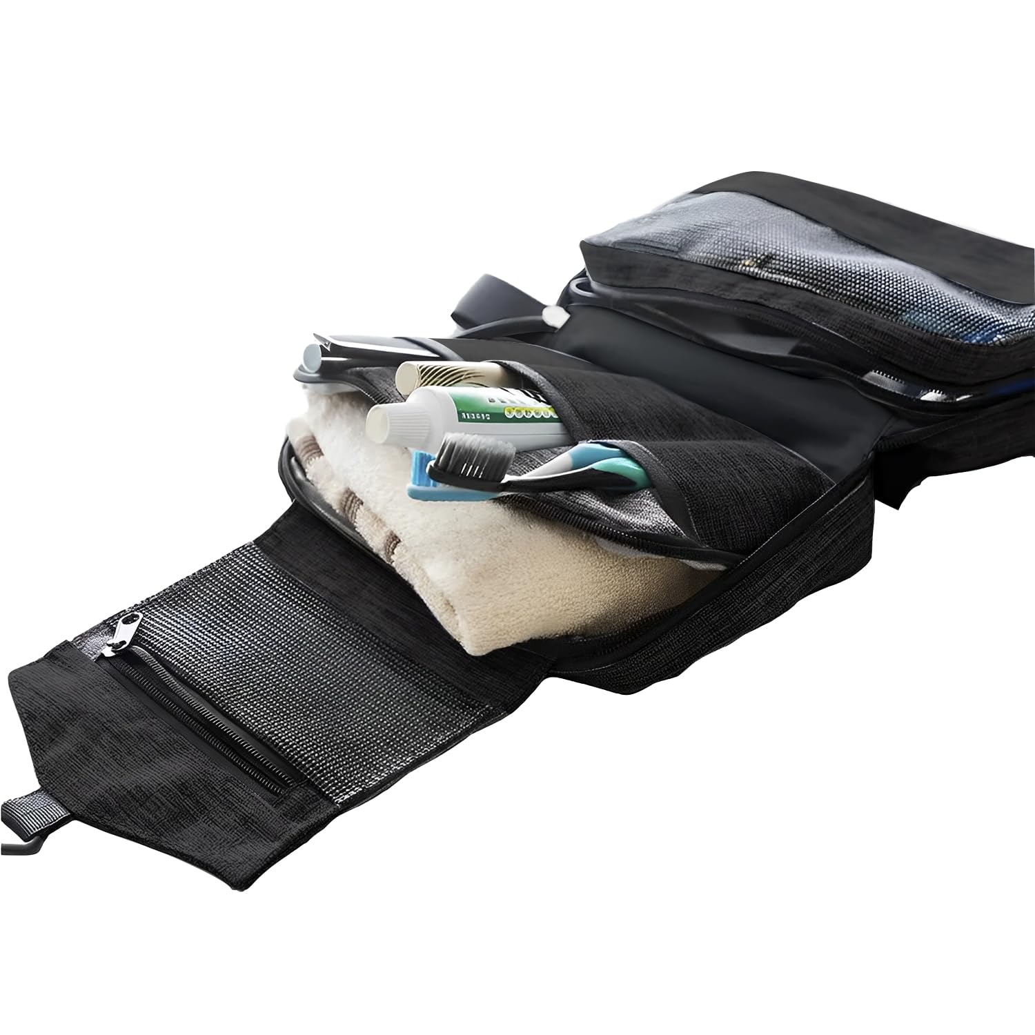 Travel Makeup Bag for Women - Small Cosmetic Organizer with 3 Compartments, Polyester Vanity Pouch for Makeup Brushes & Beauty Essentials (Black) - Perfect for Vacation, Gym & Daily Use