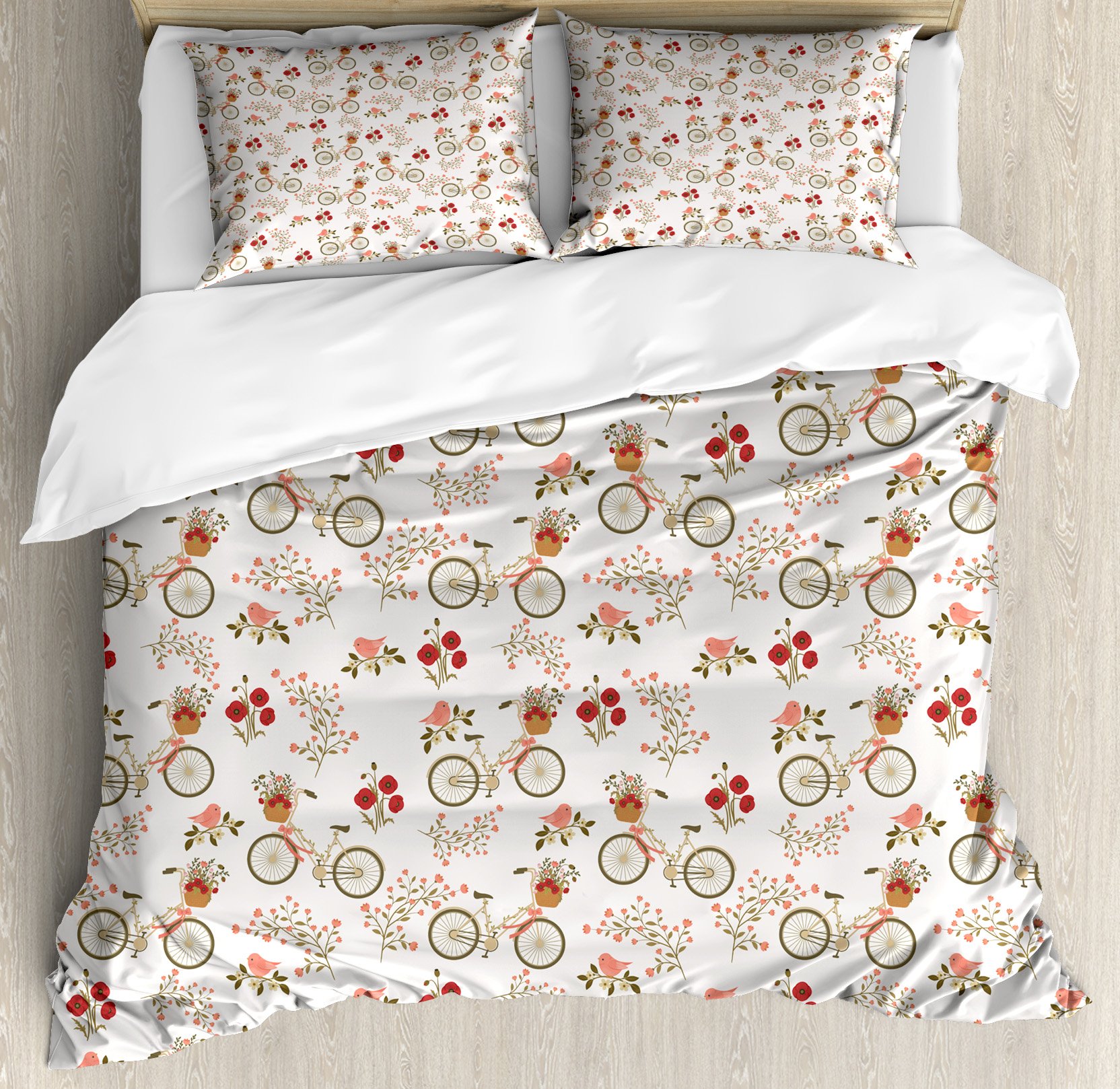 Ambesonne Floral Duvet Cover Set King Size - Vintage Romantic Poppy Flowers & Love Birds Design, 3-Piece Bedding Set with 2 Pillow Shams in Ivory Ruby - Perfect for Spring Bedroom Decor, Guest Room Makeover & Cozy Farmhouse Style
