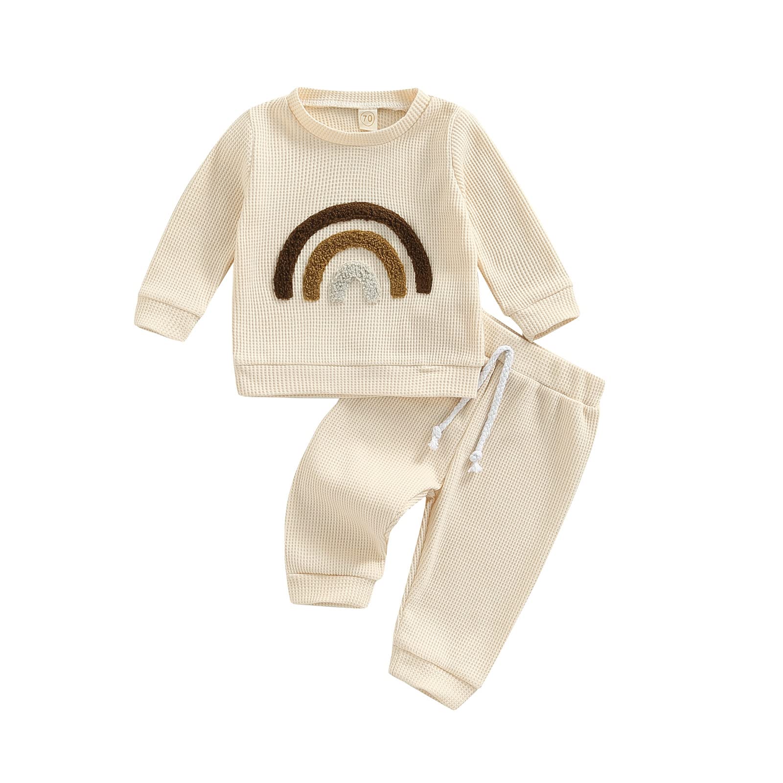 Newborn Baby Boy & Girl Clothes Set - 2PCS Fall Winter Waffle Outfit with Rainbow/Letter Design - Cozy Sweatsuits for Infant Daily Wear & Photo Shoots