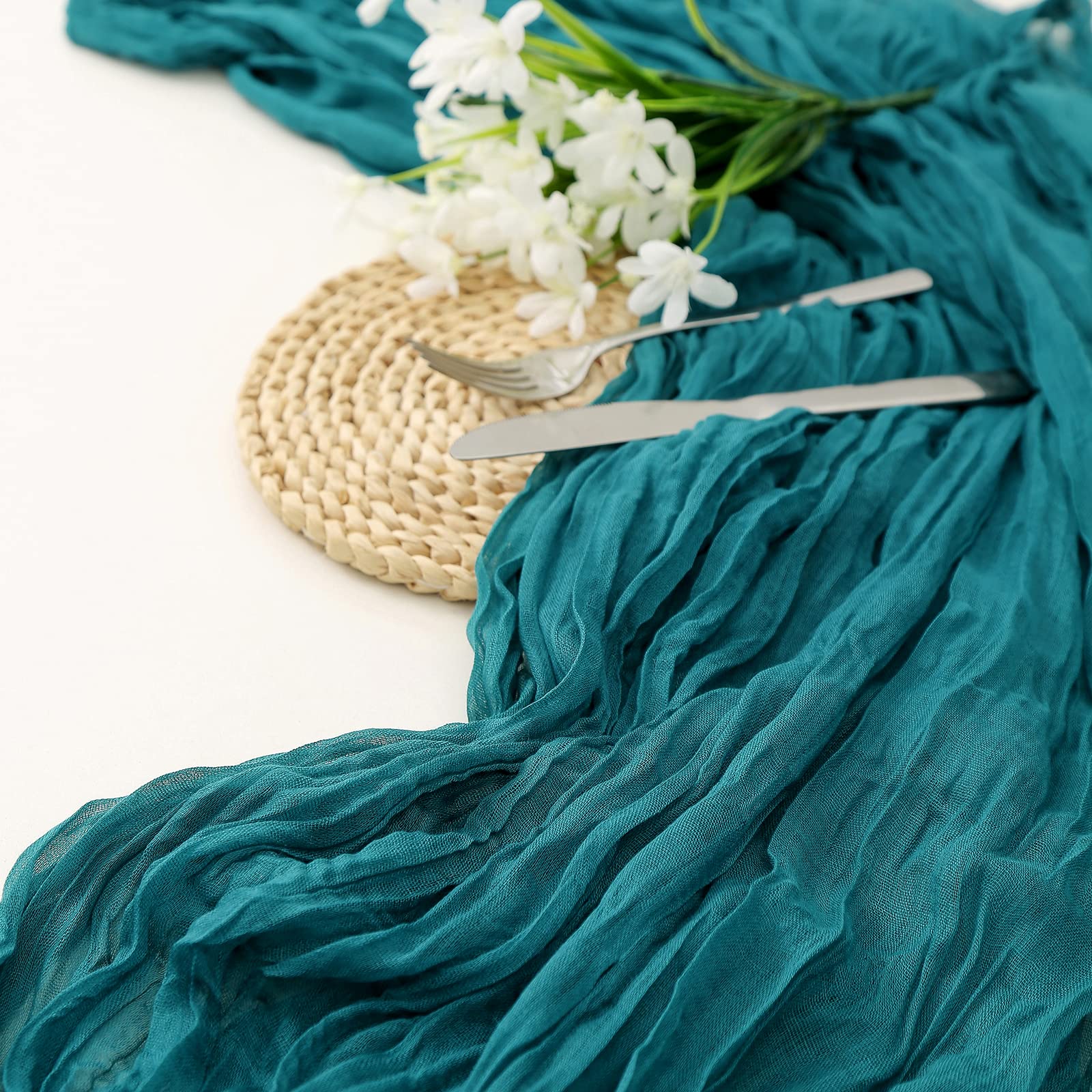 8PCS Teal Cheesecloth Table Runner Set - 13.3ft Boho Gauze Fabric, Rustic Sheer Table Decor (160 Inches Long) for Wedding, Bridal Shower, Baby Shower, Birthday Party, Cake Table & Home Decorations