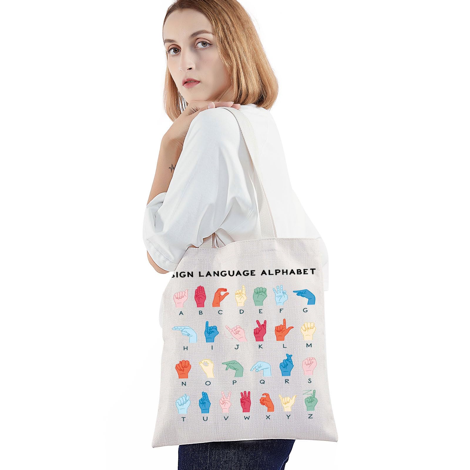BWWKTOP ASL Teacher Tote Bag - American Sign Language Gifts for ASL Interpreters & Deaf Education Teachers - Durable Canvas Bag for School, Work & Daily Use