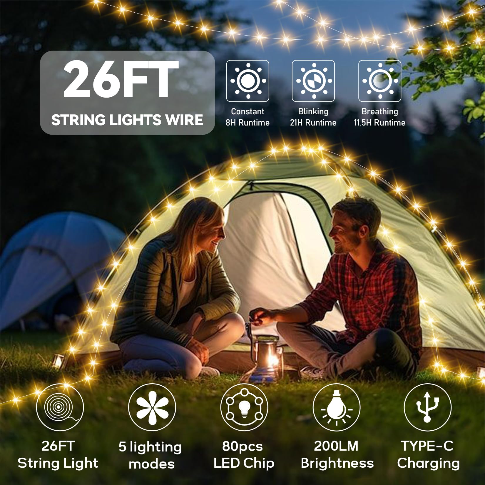 26.2ft Outdoor Camping String Lights - Warm White LED Fairy Lights with 5 Lighting Modes, Rechargeable & Waterproof for Hiking, Tent, Party, Festival Decor - Perfect for Backyard, Patio, Garden and Indoor Home Decoration