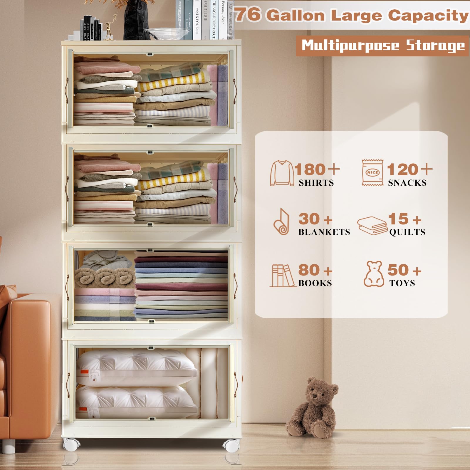 76 Gallon Large Storage Bins with Lids - 4 Pack Foldable Plastic Organizing Containers for Clothes, Stackable & Wheeled with 4 Doors | Perfect for Closet Organization, Seasonal Storage & Home Decluttering