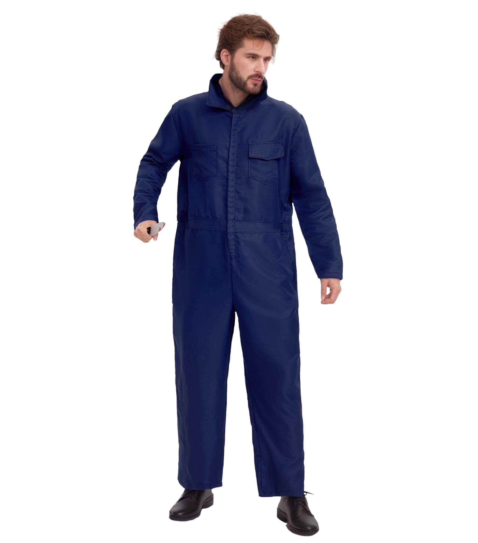 Navy Blue Coveralls Jumpsuit - Horror Killer Halloween Cosplay Costume for Men with Mask & Toy Knife | Scary Movie Character Outfit, Halloween Party Costume, Cosplay Convention Attire