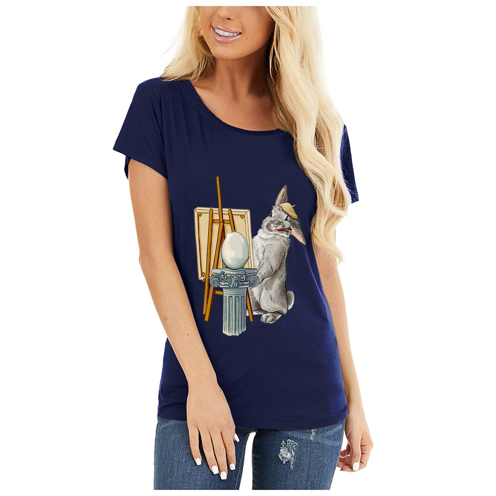 Easter T-Shirts for Women - Cute Rabbit Graphic Round Neck Short Sleeve Summer Tops | Casual Blouse for Plus Size | Perfect for Easter Celebrations, Spring Outings & Family Gatherings