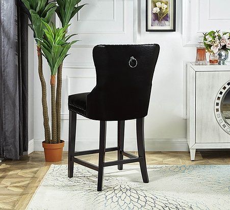 Premium Black Leatherette Velvet Plush Cushioned Bar Stool Set of 2 - Modern Kitchen Island & Home Bar Seating for Dining Room & Lounge