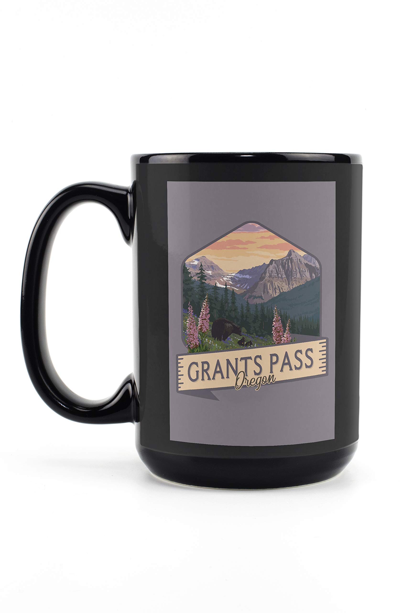 15oz Black Ceramic Coffee Mug - Bear & Spring Flowers Design - Grants Pass Oregon Souvenir - Dishwasher & Microwave Safe - Perfect for Home, Office or Gift Giving