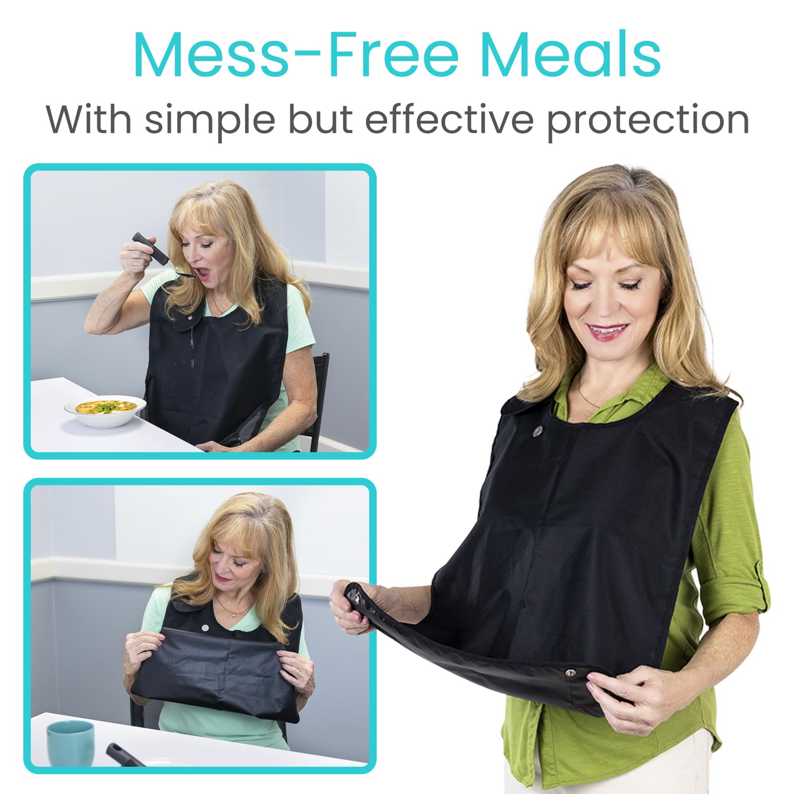 Vive Adult Bibs for Women & Men (3 Pack) - Reusable Washable Bibs for Elderly & Adults - Large Waterproof Clothing Protectors with Crumb Pocket - Perfect for Dining, Feeding, Mealtime & Dementia Care