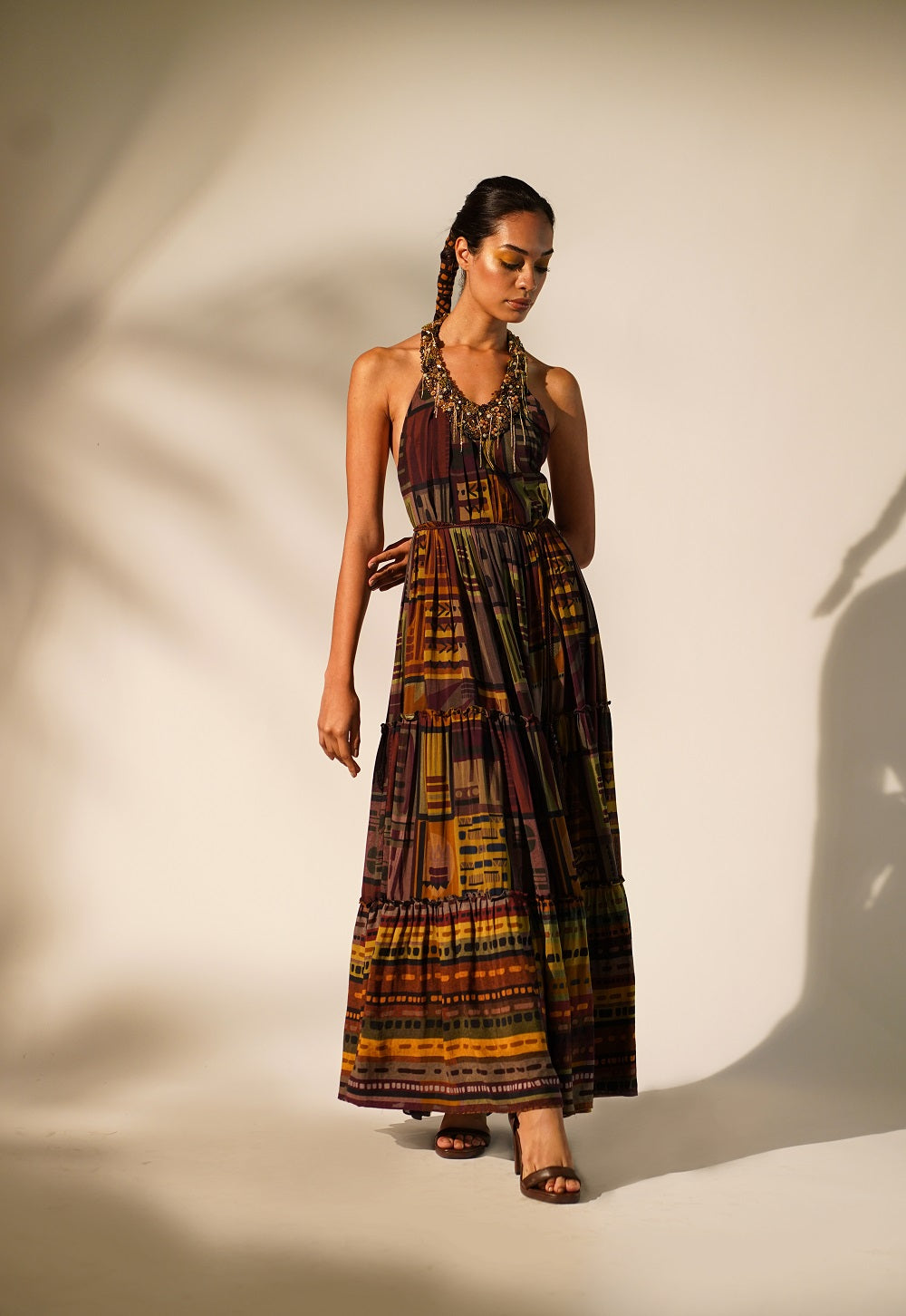 Stylish Multicolor Abstract Print Maxi Dress with Hand Baroque Metallic Embellishment - Perfect for Evening Parties, Weddings & Special Occasions